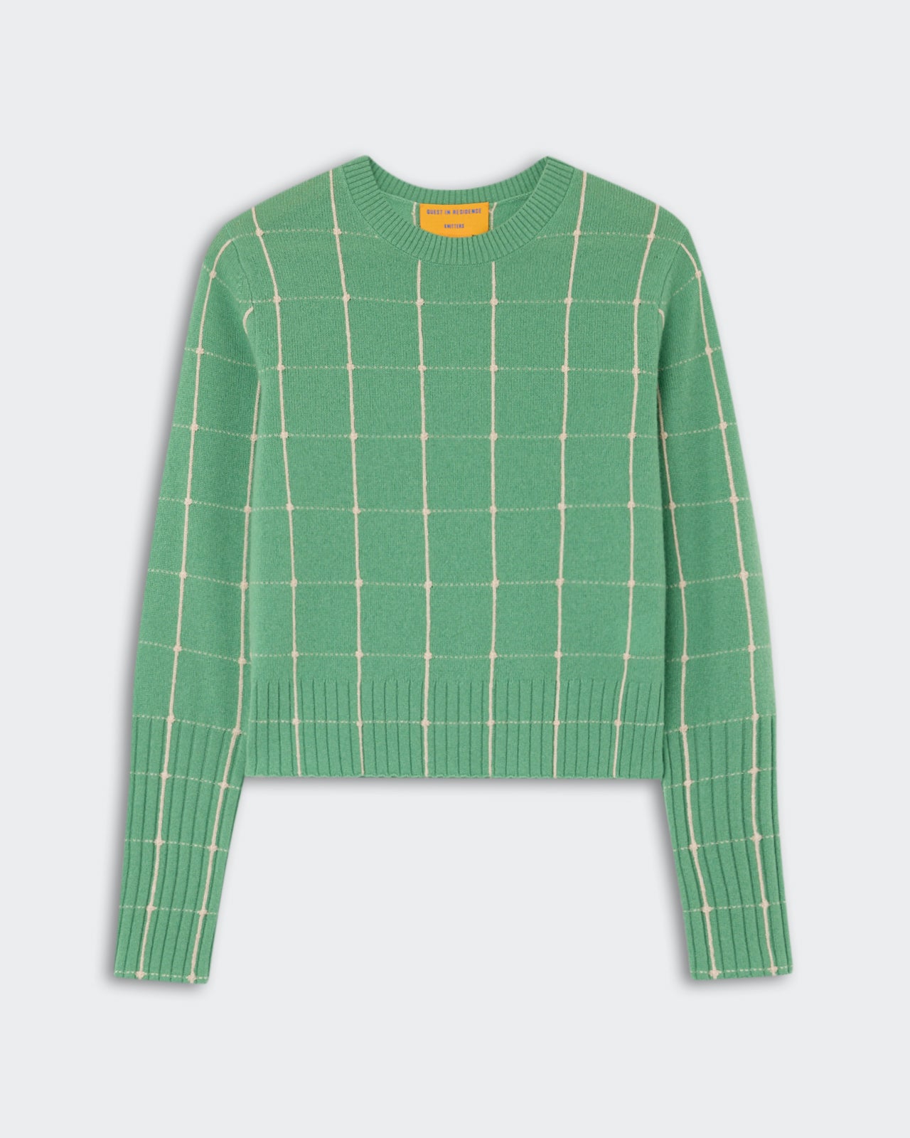 Shrunken Checker Crew - Highland/Sandstone cashmere sweater in green with a light checker pattern, featuring a ribbed crew neckline, cuffs, and hem.