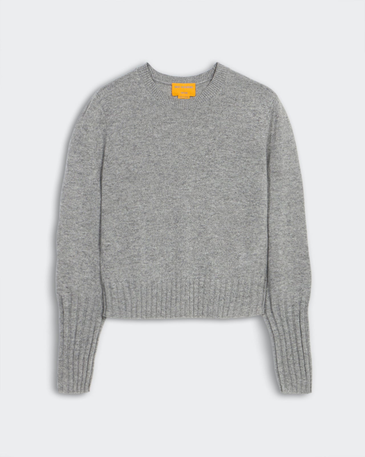 Shrunken Crew Heather Grey women's slim fit lightweight knit cashmere sweater with rib sleeve cuff and trim hem.