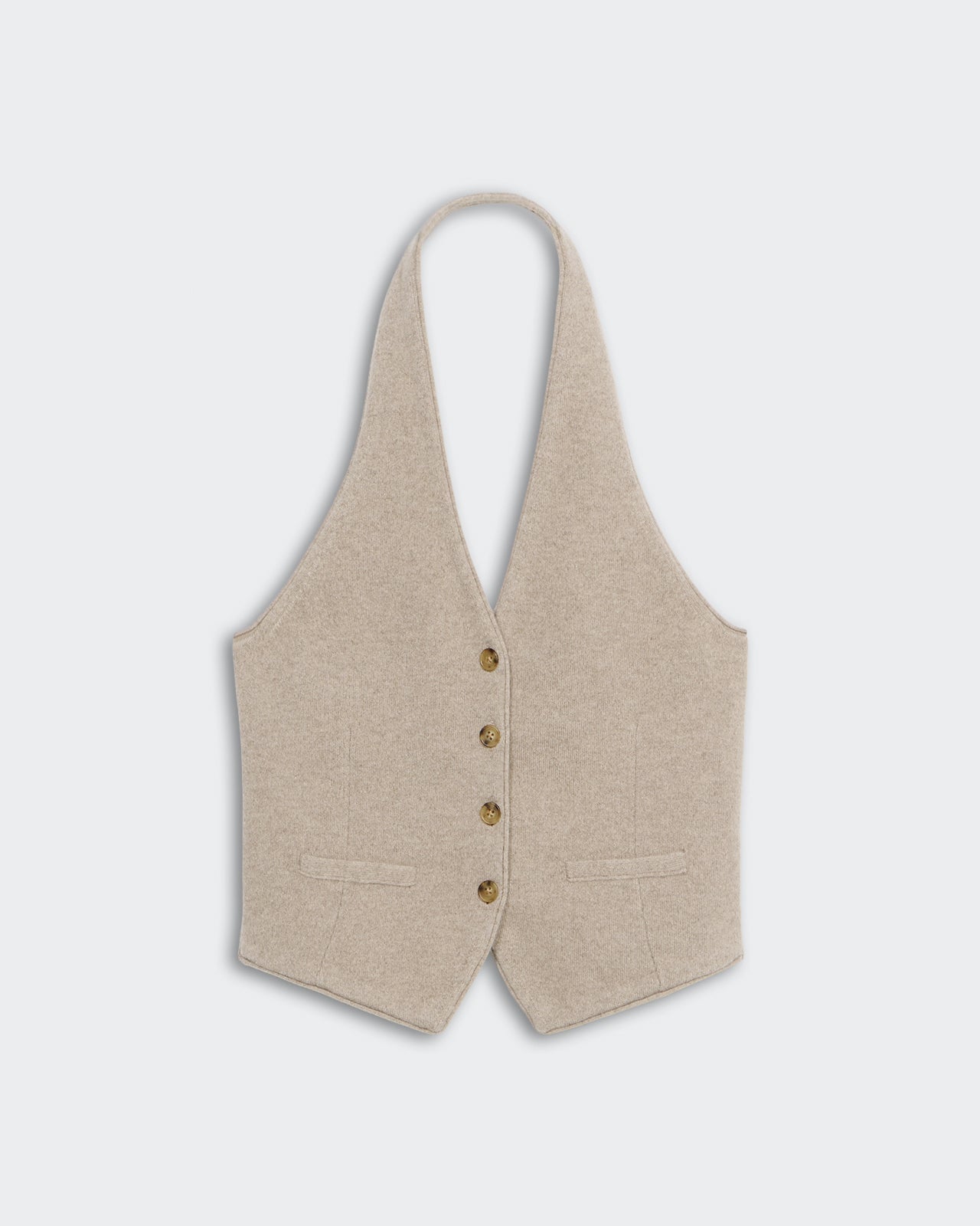 Tailored Halter Vest - Taupe mid-weight fitted cashmere vest with front button closure and faux pocket details.