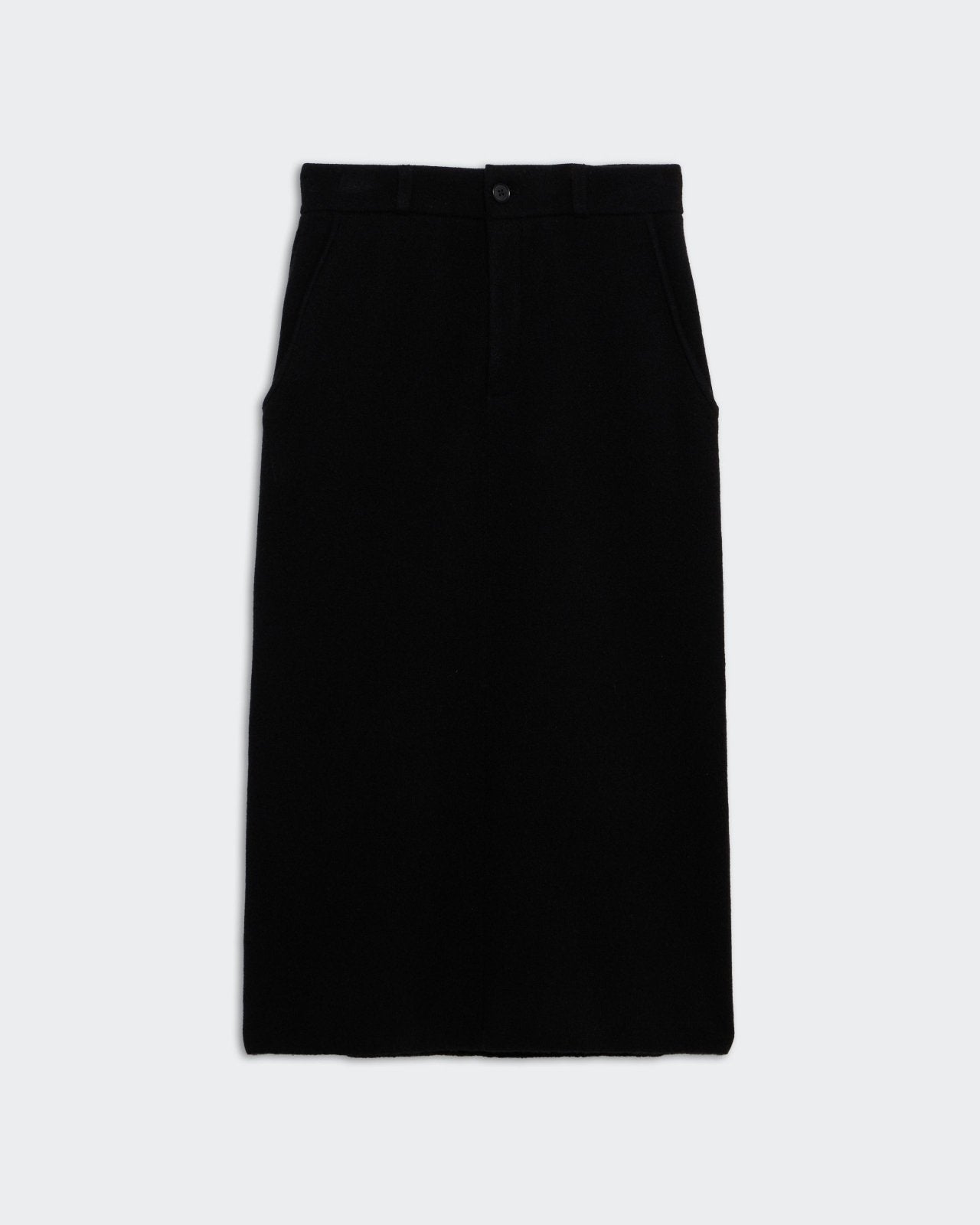 Tailored Skirt - Black mid-calf length, straight fit cashmere skirt with fly front zip and belt loops.