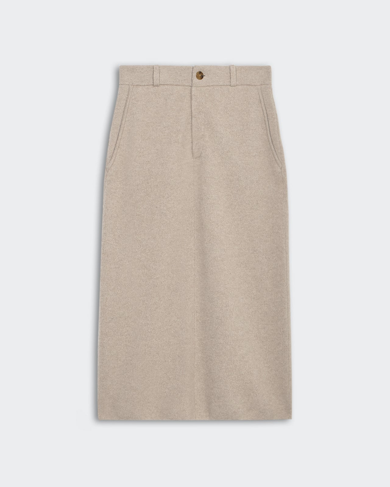 Tailored Skirt - Taupe mid-calf length, straight fit, cashmere with belt loops and front and back pockets.
