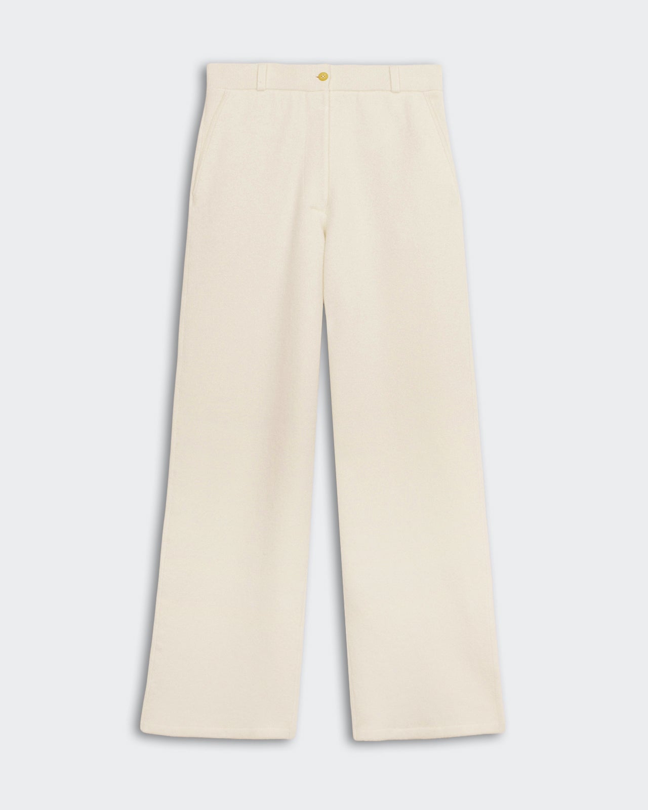 Tailored Trouser - Cream, women's medium-weight cashmere knit pants with fly front, elastic waistband, belt loops, and pockets.