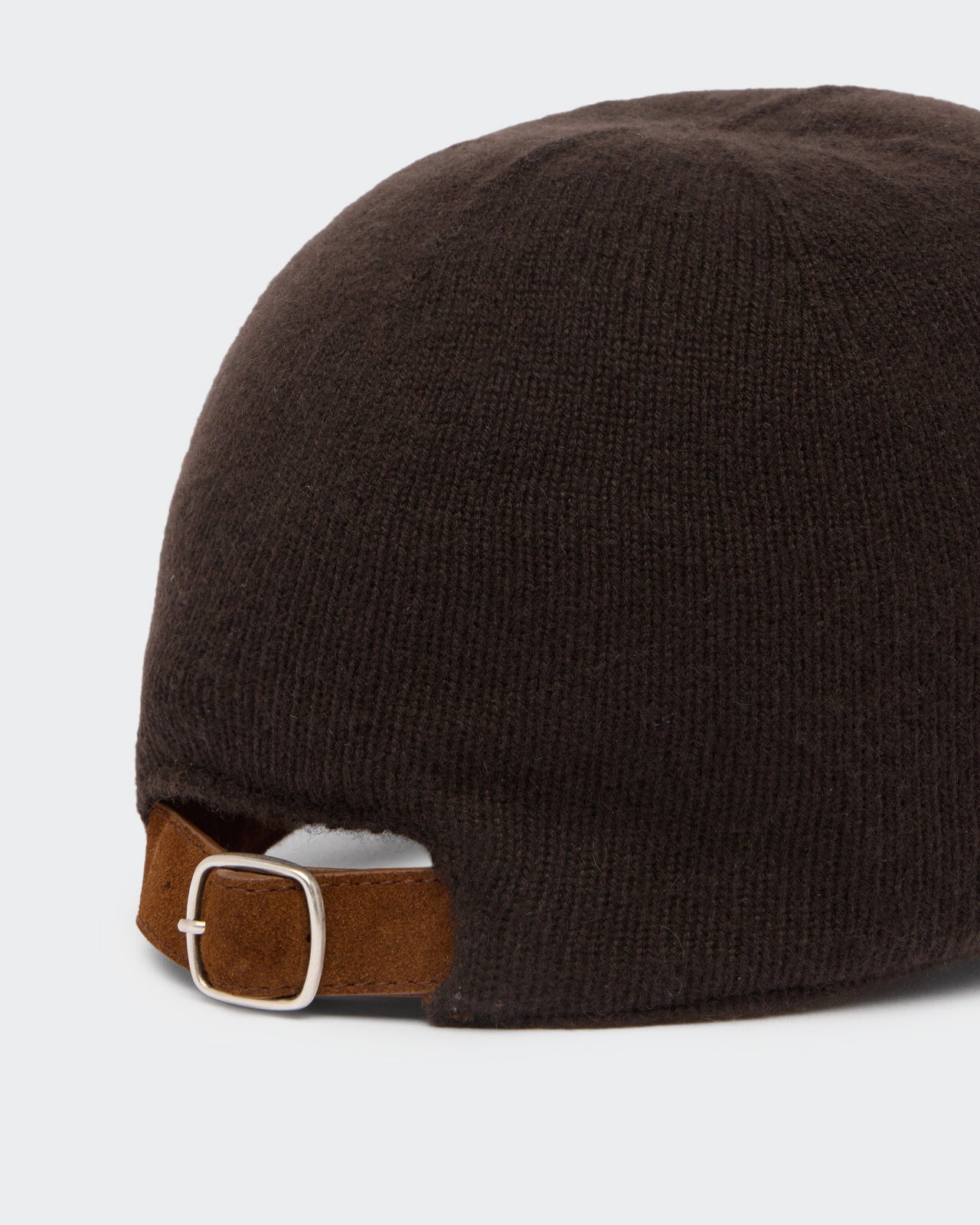 The Baseball Cap - Carmine/Burnt Cocoa in dark brown knit fabric with adjustable burnt cocoa colored suede strap and silver buckle closure at the back.
