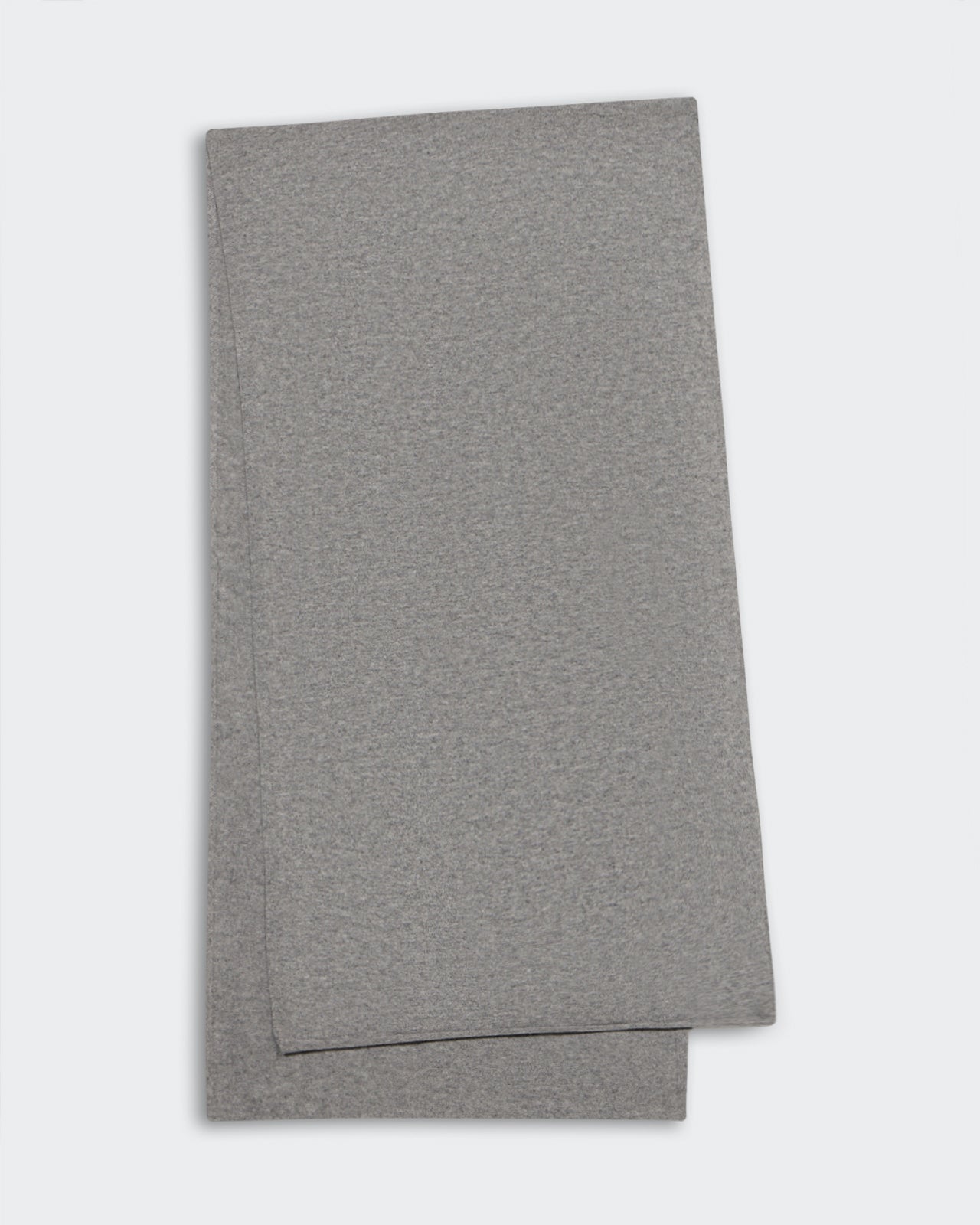 Heather grey lightweight cashmere scarf with roll hem, soft premium knit measuring 74 by 19 inches.