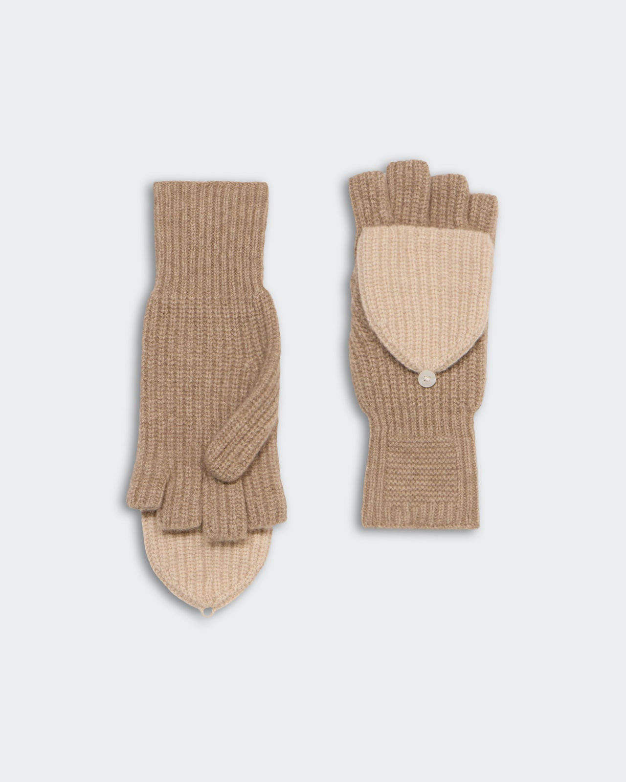 Taupe and sandstone mid-weight cashmere ribbed mitts with finger flap and button closure on back of hand