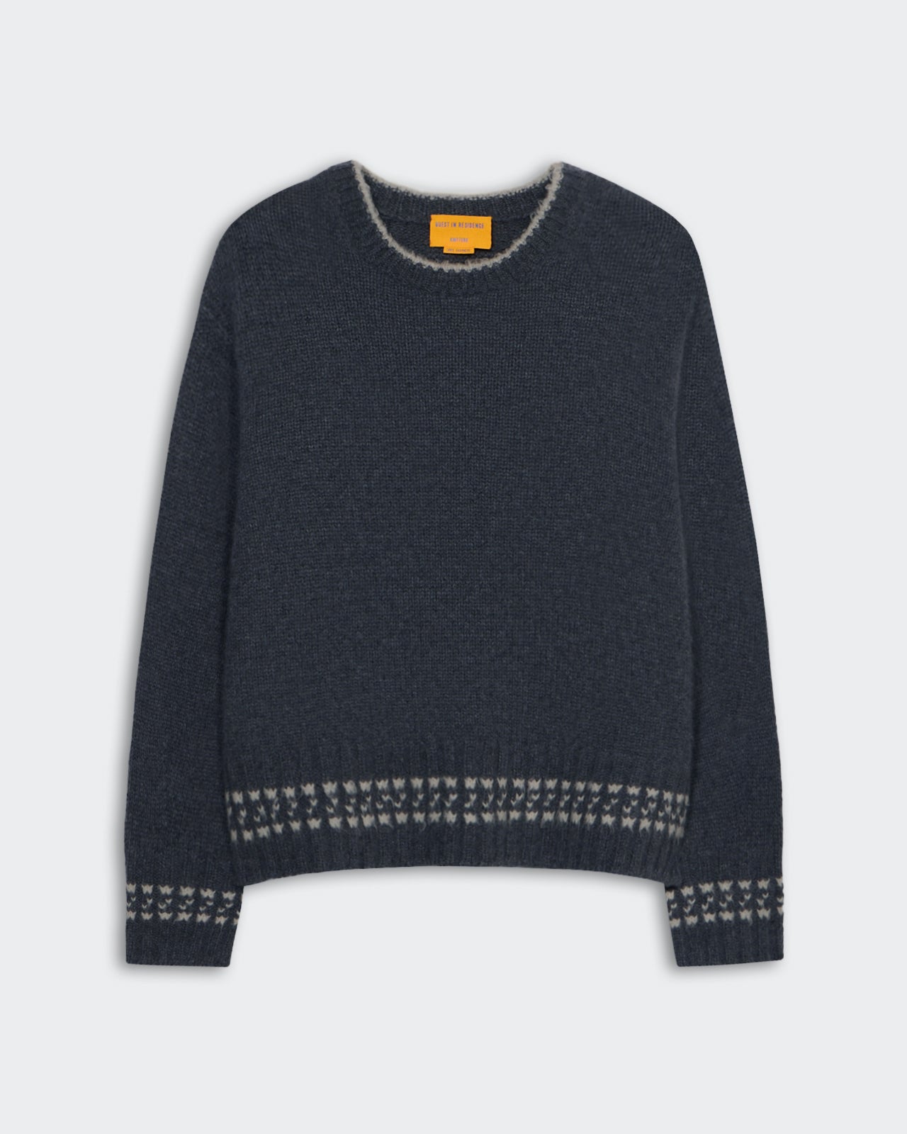 Charcoal cozy crewneck sweater with mist contrast trim and fuzzy pick stitch detail in merino wool yarn