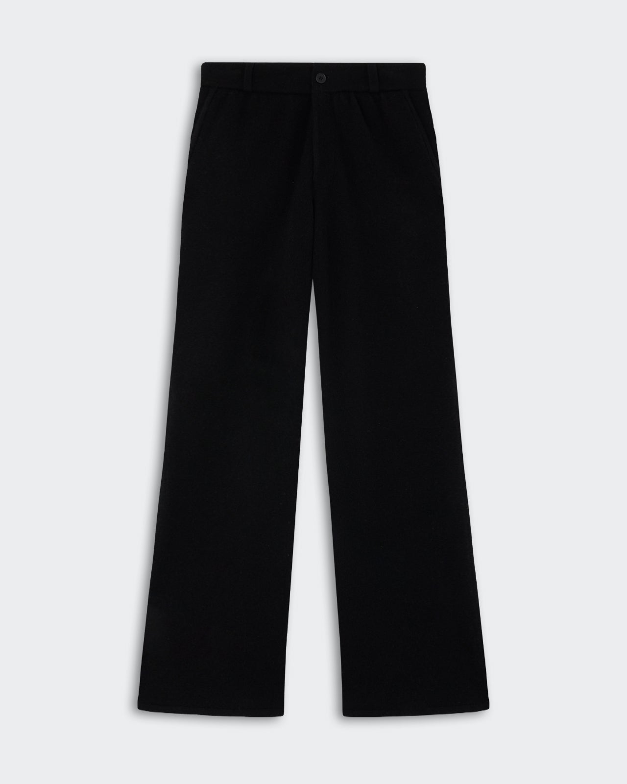 Black wide-leg pants with side pockets and a button closure at the waist, displayed on a light gray background.