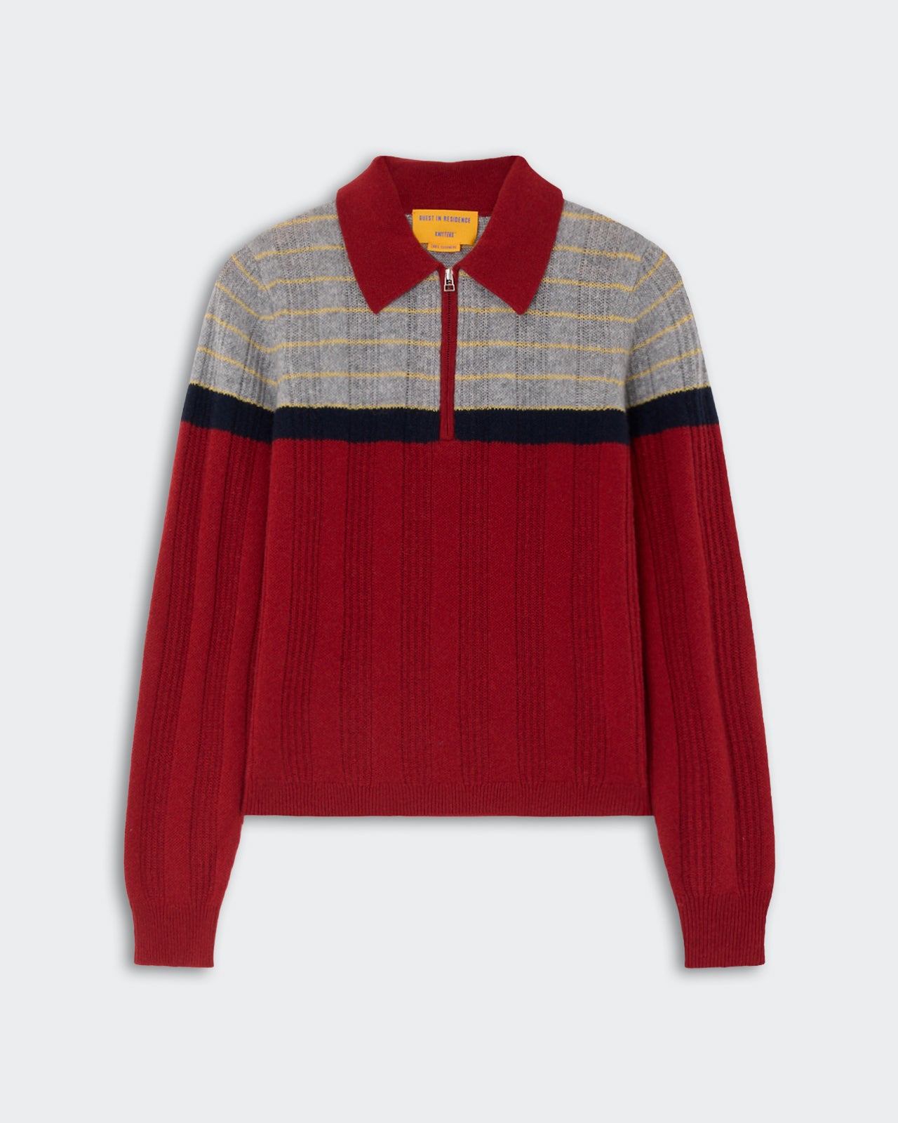 Track Polo - Carmine Combo featuring a ribbed knit design with a zip collar, color block stripes in carmine red, gray, black, and yellow accents.