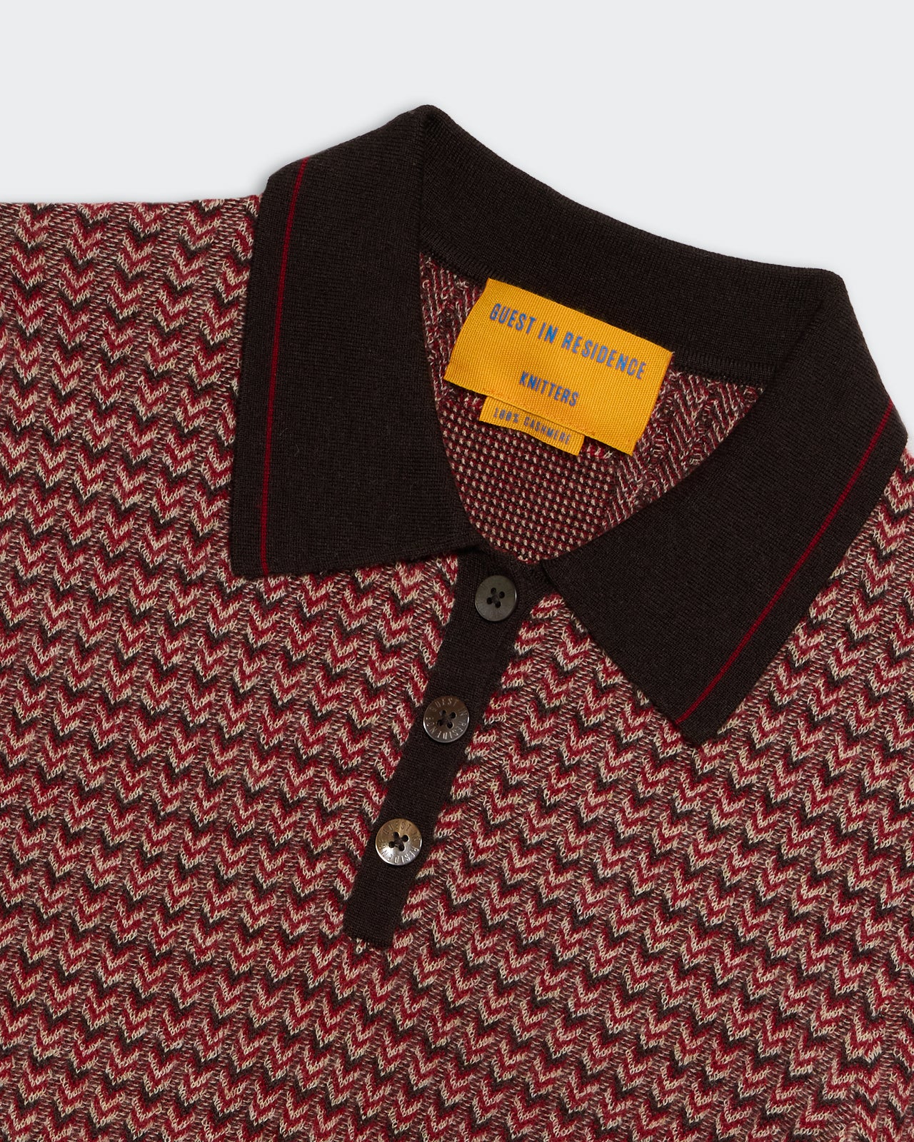 Chevron L/S Shrunken Polo - Burnt Cocoa Combo with black collar and button placket showing knit texture and pattern
