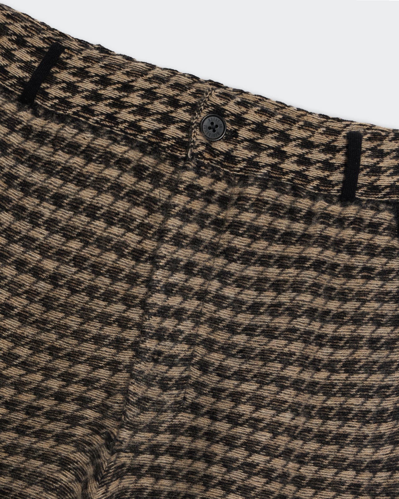 Houndstooth Tailored Trouser - Black Dune close-up of button fly front with houndstooth pattern and belt loops