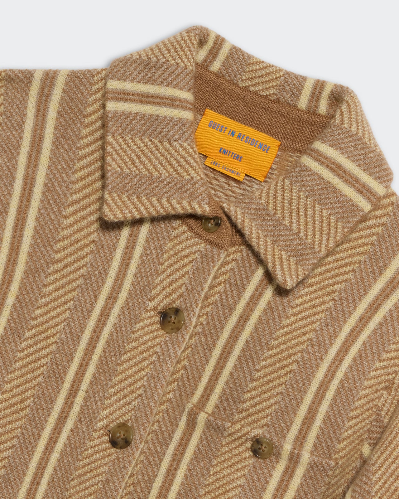 Dylan Stripe Shirt - Almond Combo mid-weight cashmere button-down with striped pattern and chest pocket detail.