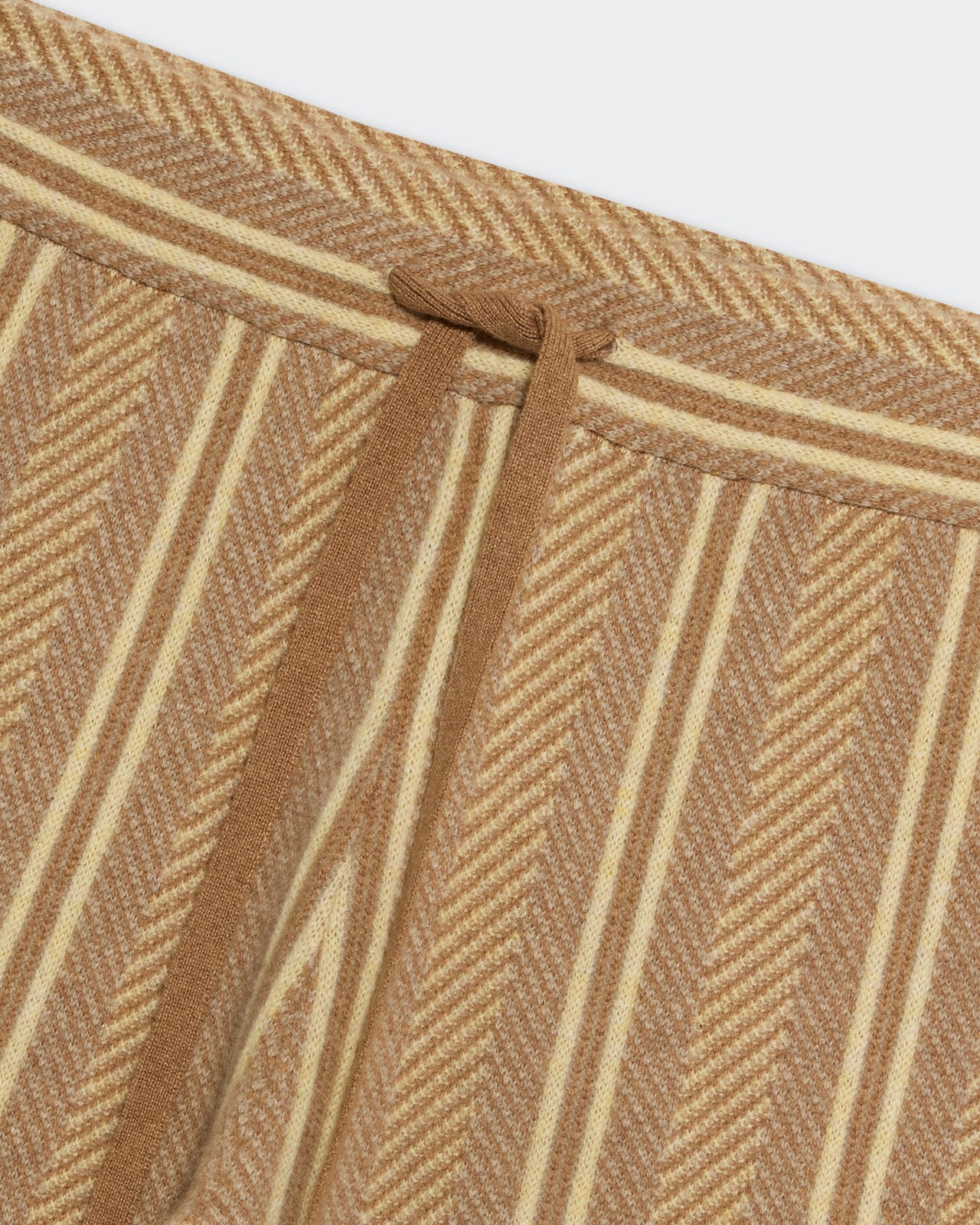 Close-up of waistband with drawstring on Stripe Lounge Pant - Almond Combo showing vertical cashmere stripes.