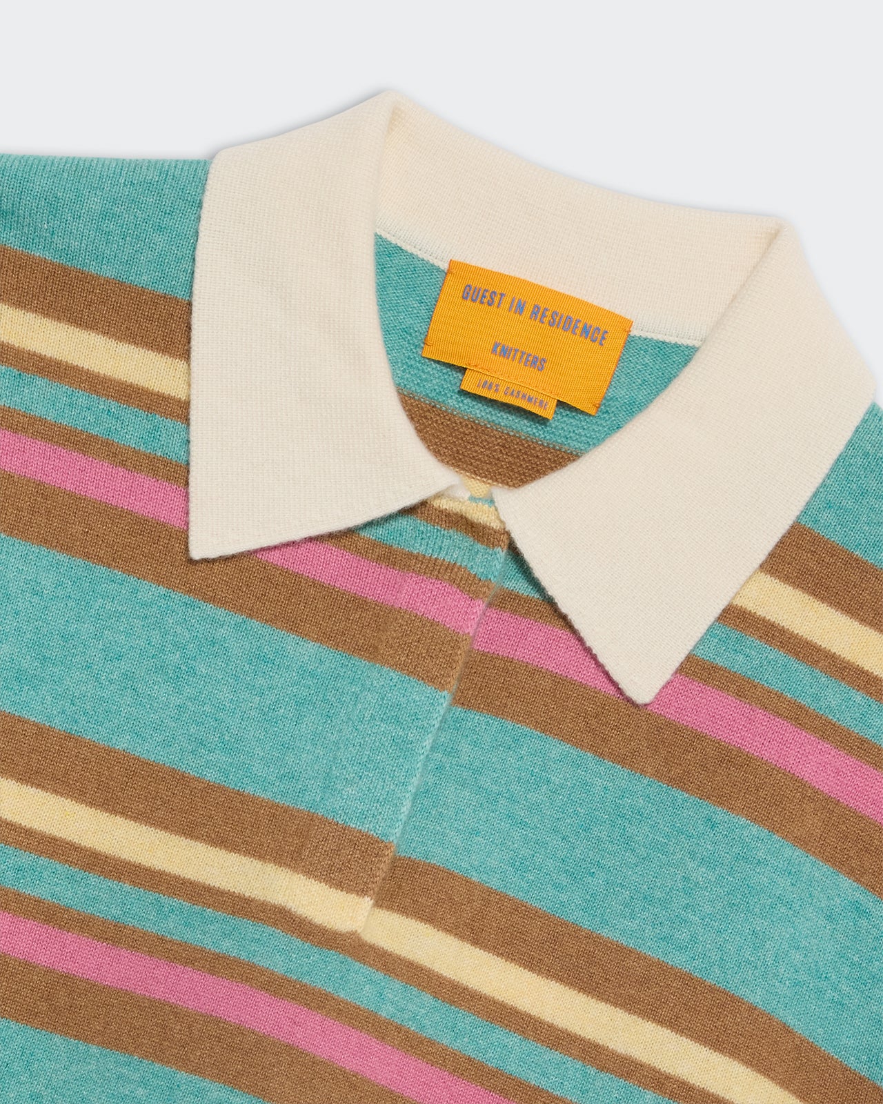 Cropped Stripe Rugby - Glacier Combo showing teal, brown, cream, and pink stripes with a cream collar close-up view.