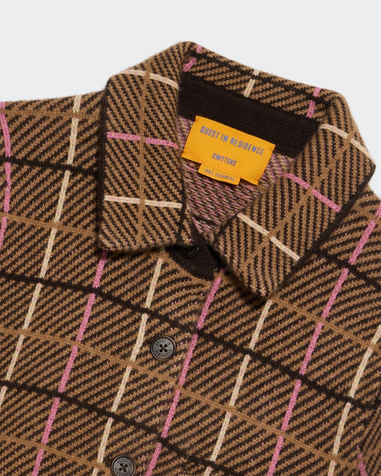 Dylan Plaid Shirt - Burnt Cocoa Combo close-up of brown plaid pattern shirt collar and buttons with yellow label visible