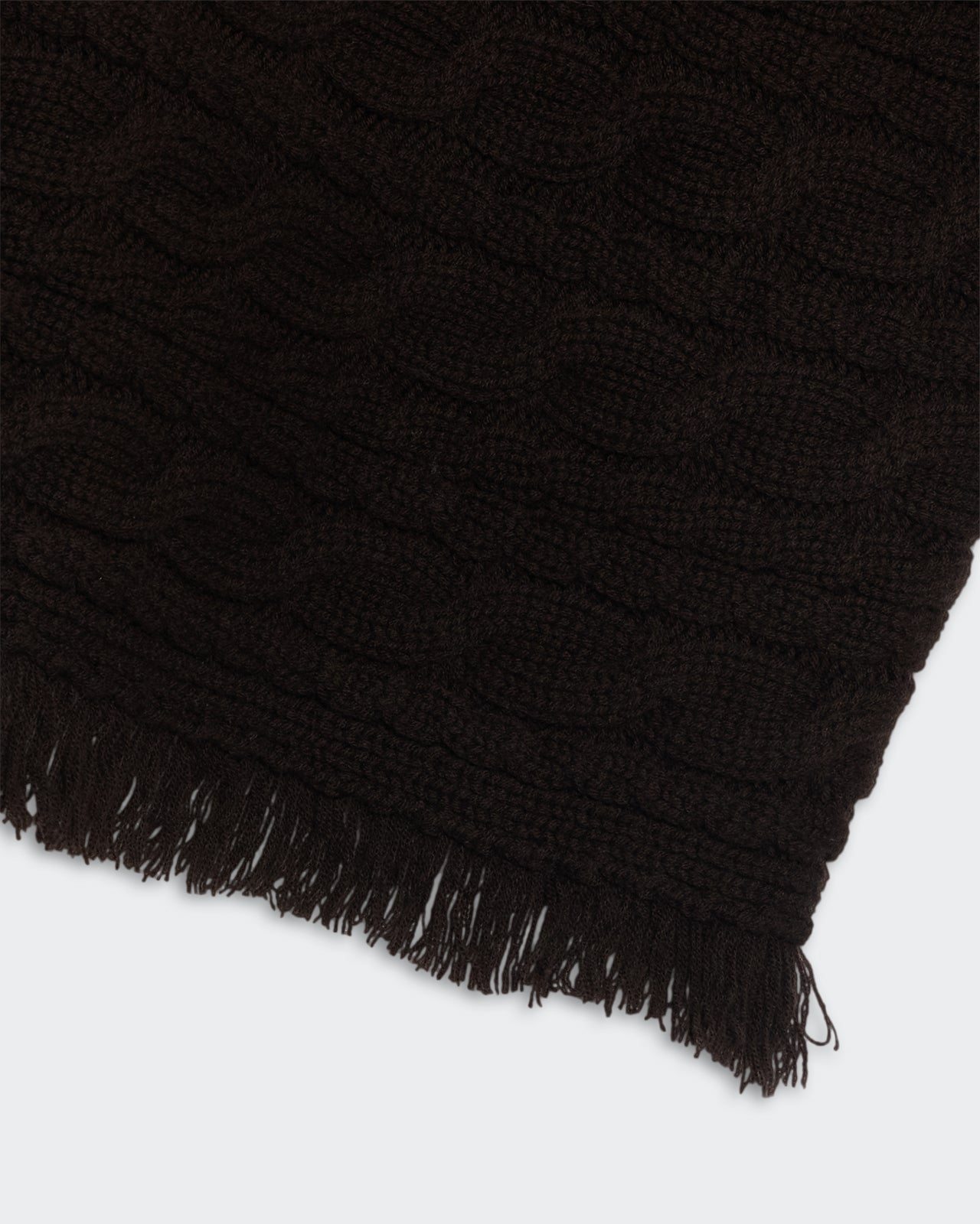 Cropped Cable Turtleneck - Burnt Cocoa showing heavy-weight horizontal cable knit and fringe detailing at bottom hem.