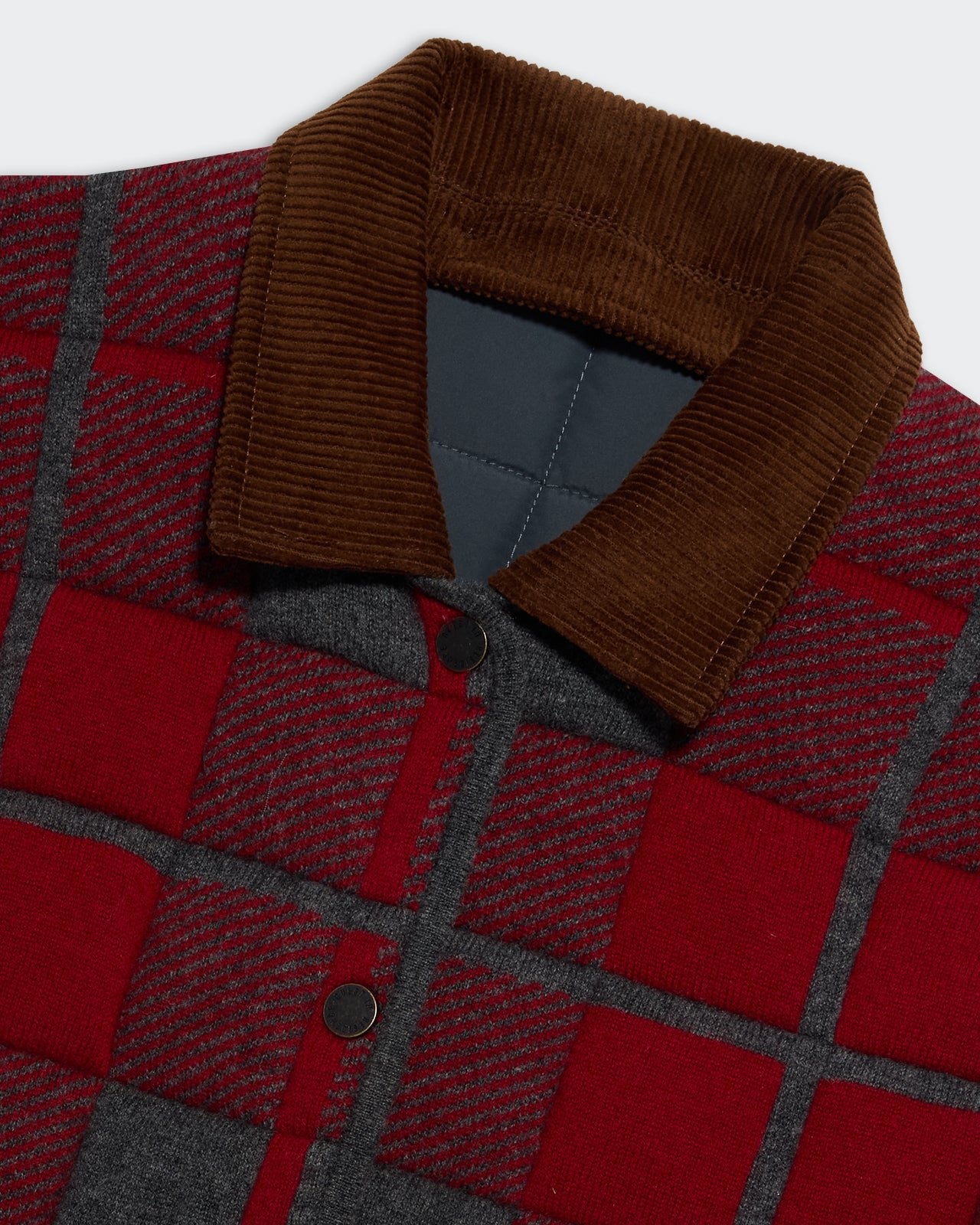 Quilted Plaid Liner Jacket - Ruby Combo with brown corduroy collar and button closure on red and gray plaid fabric