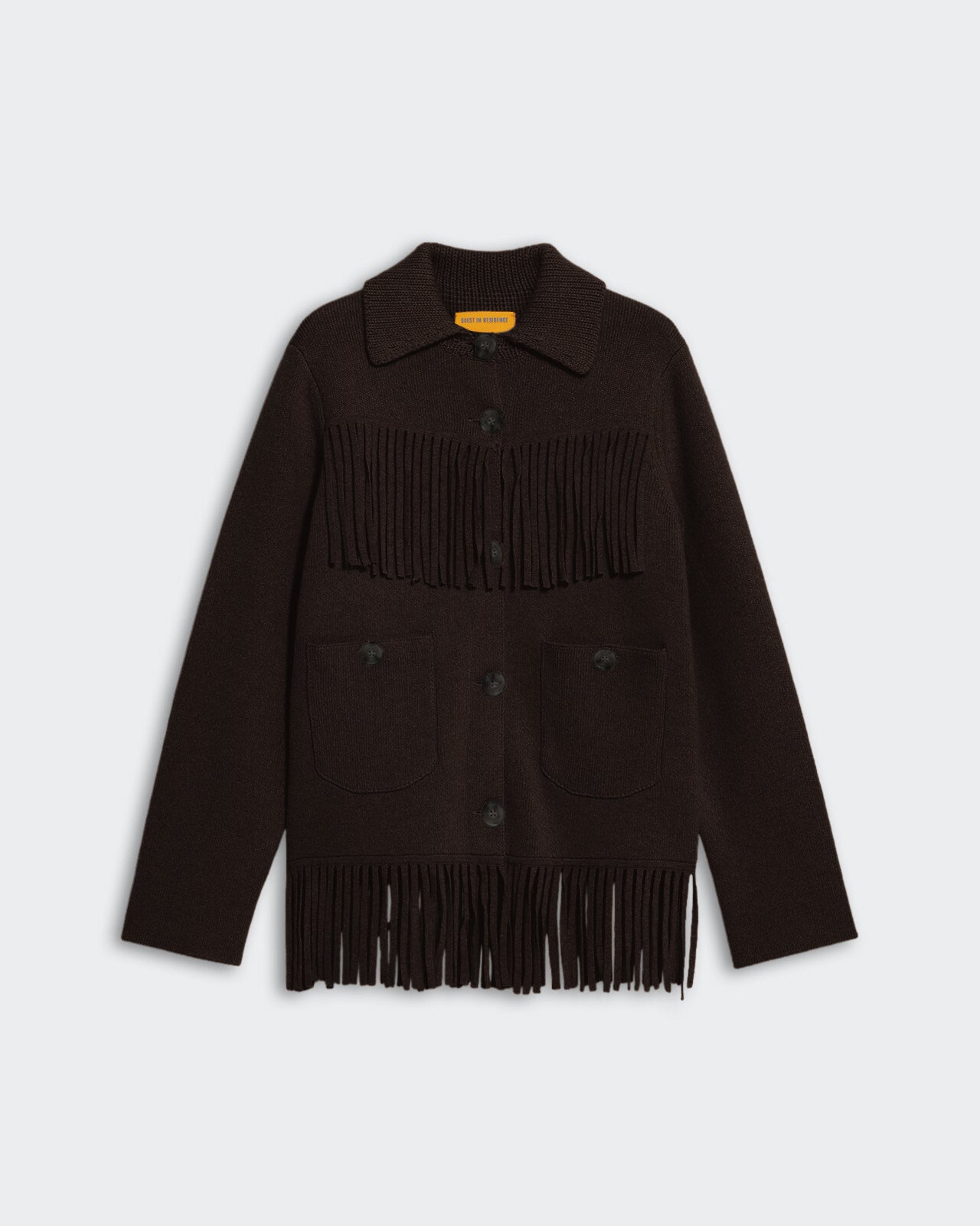 Burnt cocoa western fringe jacket with cashmere blend, button closure, front pockets, and knitted fringe at yoke and hem.