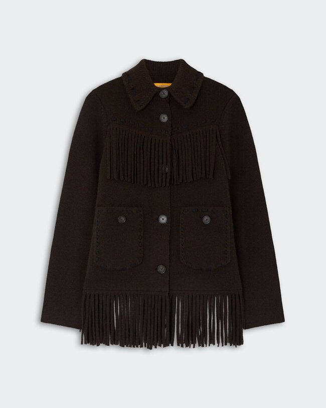 Western Fringe Jacket - Burnt Cocoa in deep brown with fringe detailing across the chest and hem, button-up front, collar, and two front patch pockets.