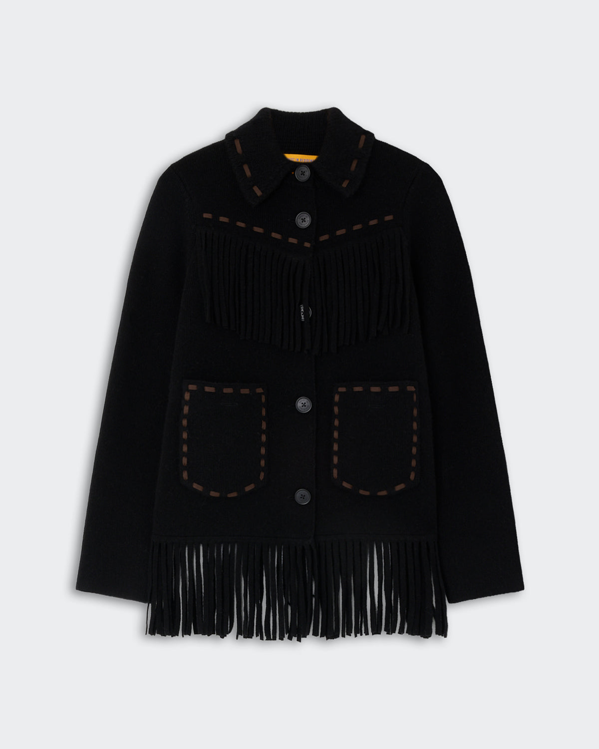 Western Fringe Jacket - Black shown flat with button front, pointed collar, chest fringe detail, front patch pockets, and long fringe along the hem