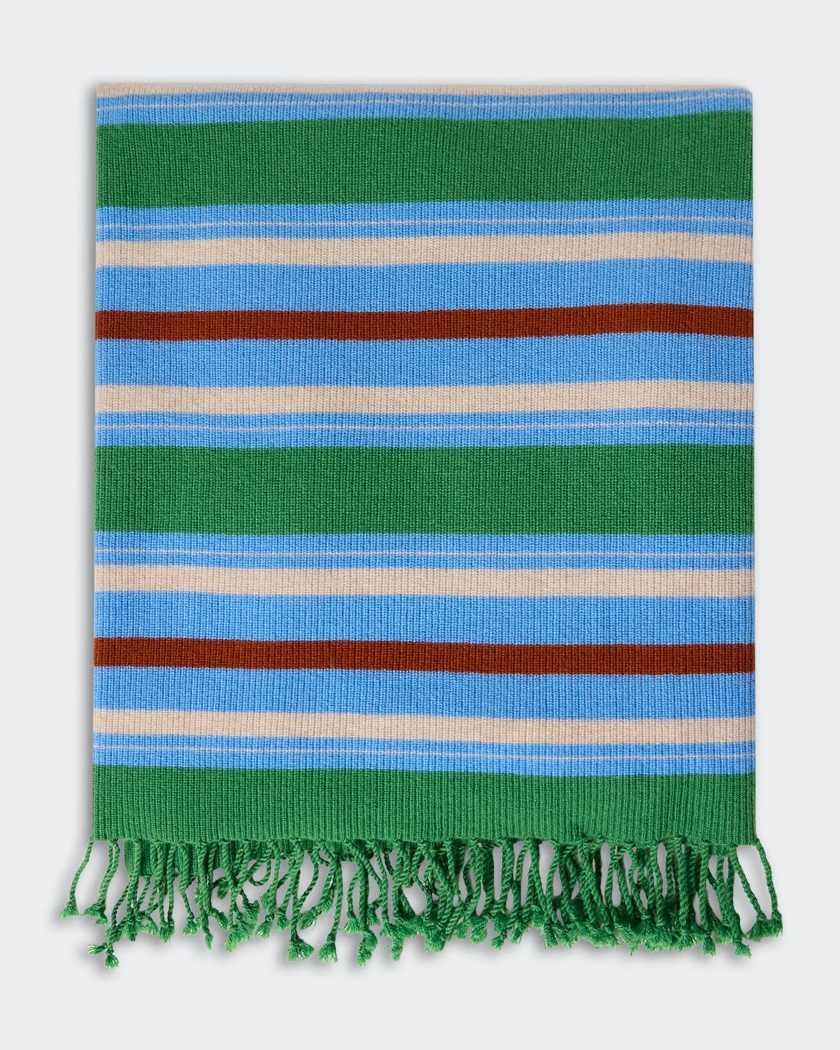 Striped Blanket - Highland Combo with horizontal green, blue, cream, and brown stripes and green fringe on the edges, showcasing a soft woven texture.