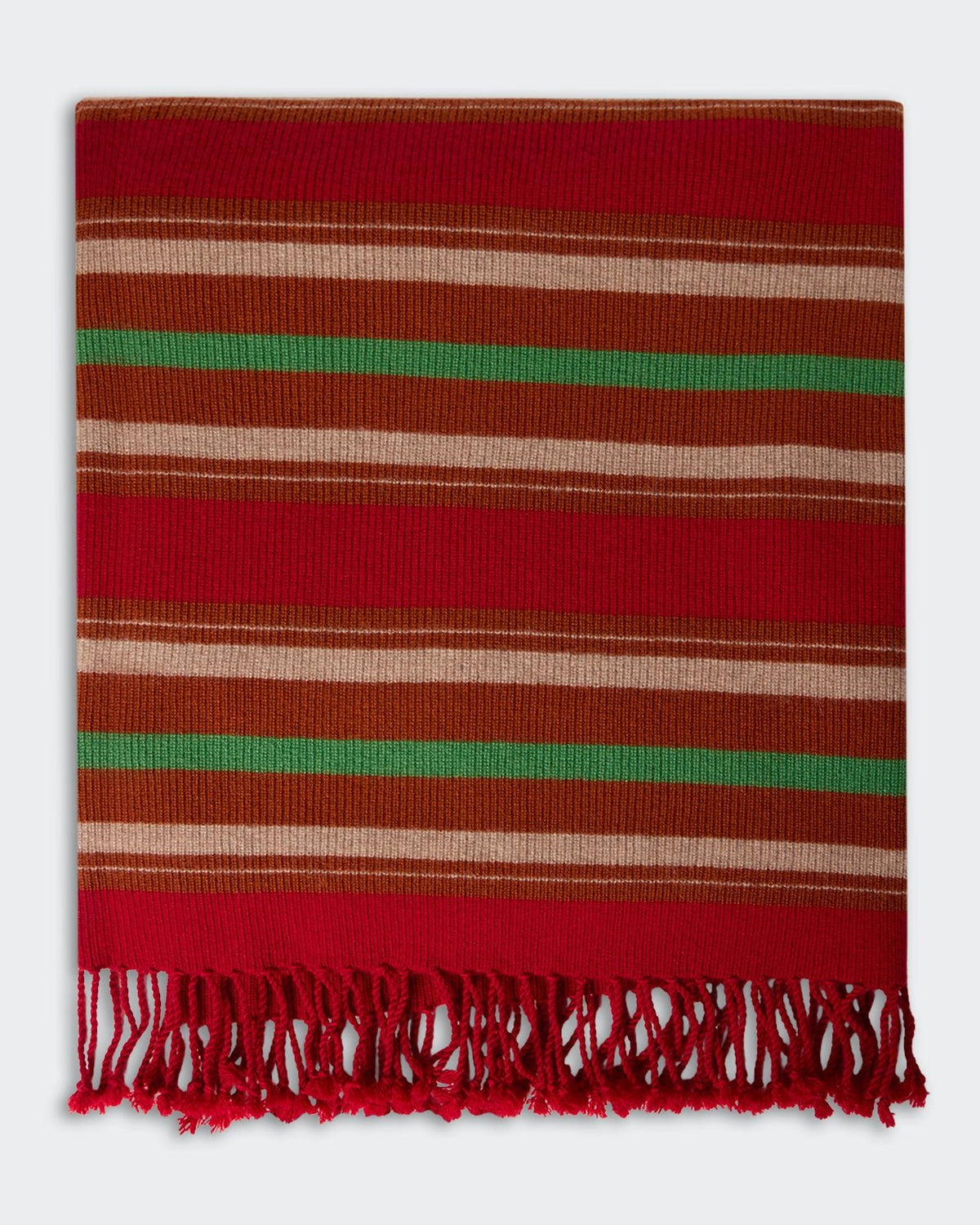 Striped Blanket - Carmine Combo featuring horizontal stripes in shades of red, brown, tan, and green with fringed edges, showcasing a cozy and vibrant design.