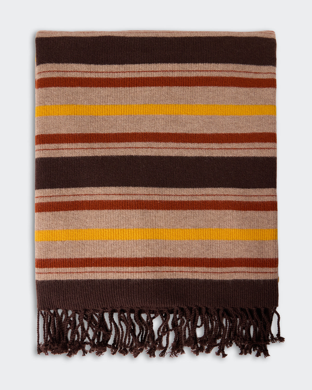 Striped Blanket - Burnt Cocoa Combo with horizontal stripes in brown, beige, burnt orange, and yellow, featuring fringed edges and a soft woven texture.