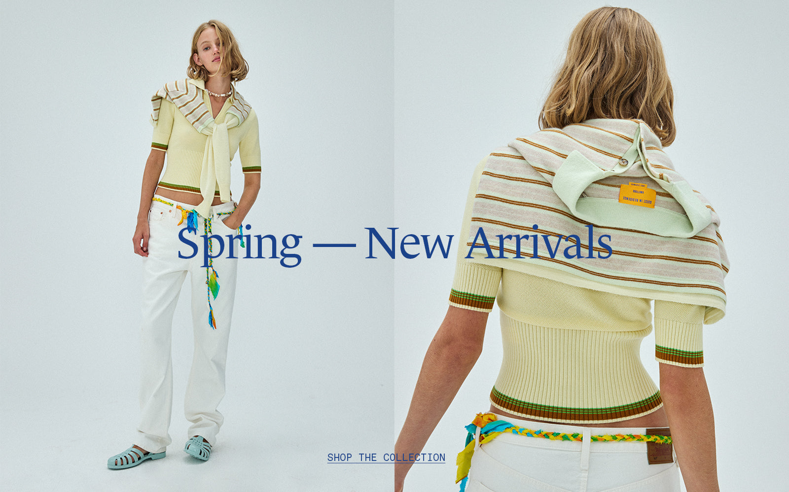 A model wearing a Guest in Residence knitwear piece in a serene outdoor setting.