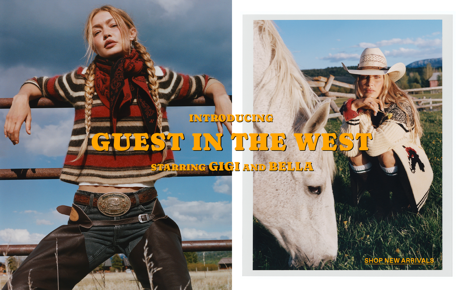 Editorial western themed collage showing a woman in a striped sweater and leather chaps beside a woman posing with a white horse, with text reading Guest in the West and GIR and Bella