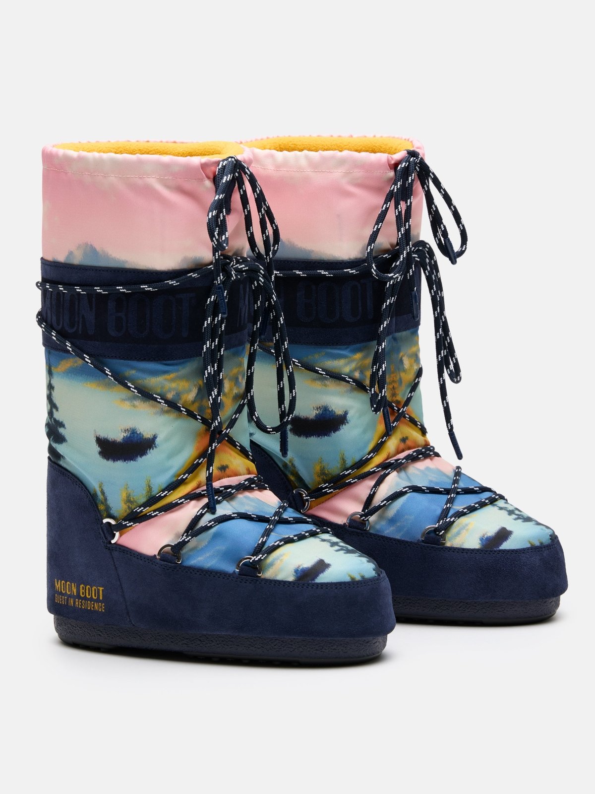 Pair of MB X GIR ICON HIGH POSTCARD winter snow boots with landscape print and navy blue laces and soles