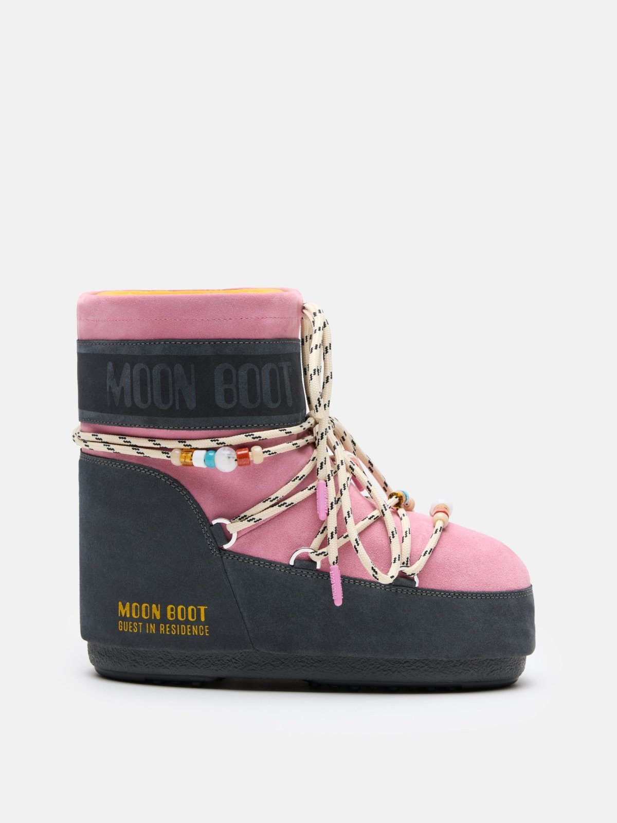 Side view of MB X GIR Icon Low suede boot in grey and rose with beaded laces and bold Moon Boot branding