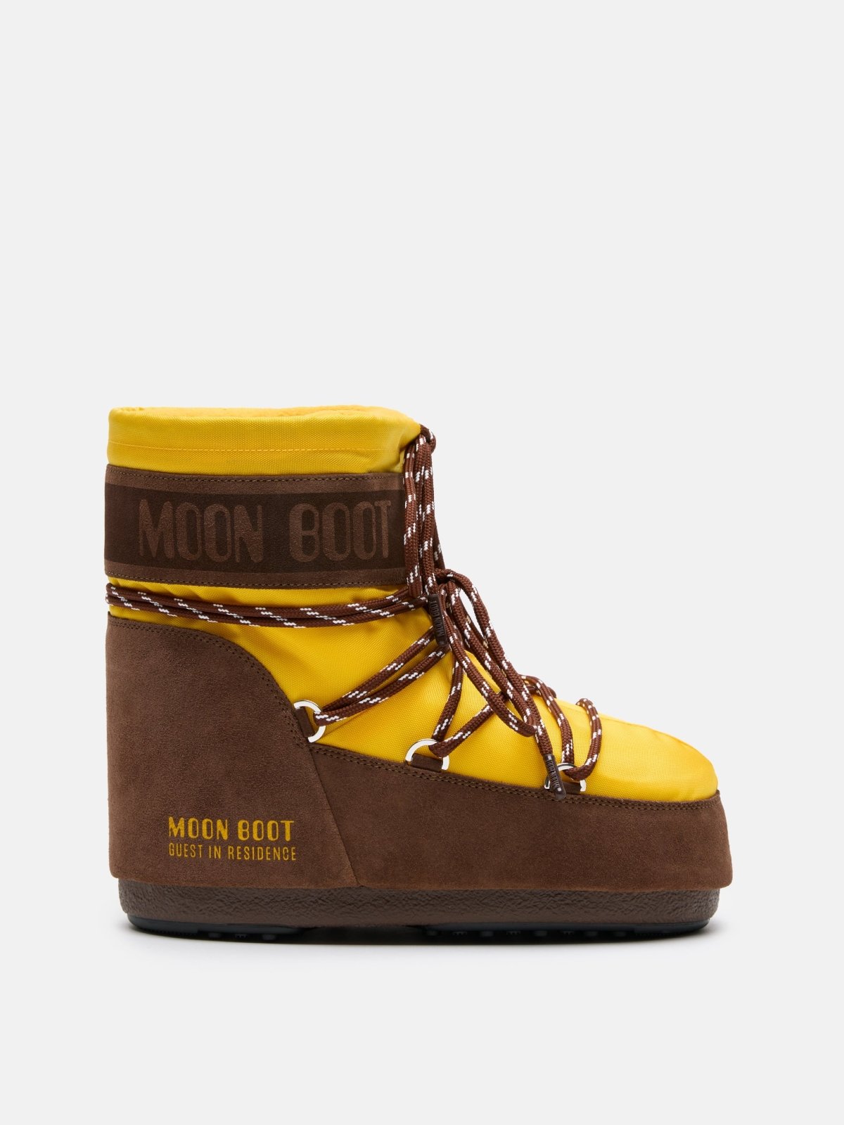 Yellow and brown MB X GIR ICON LOW NYLON Moon Boot with thick sole and wrapped laces side view
