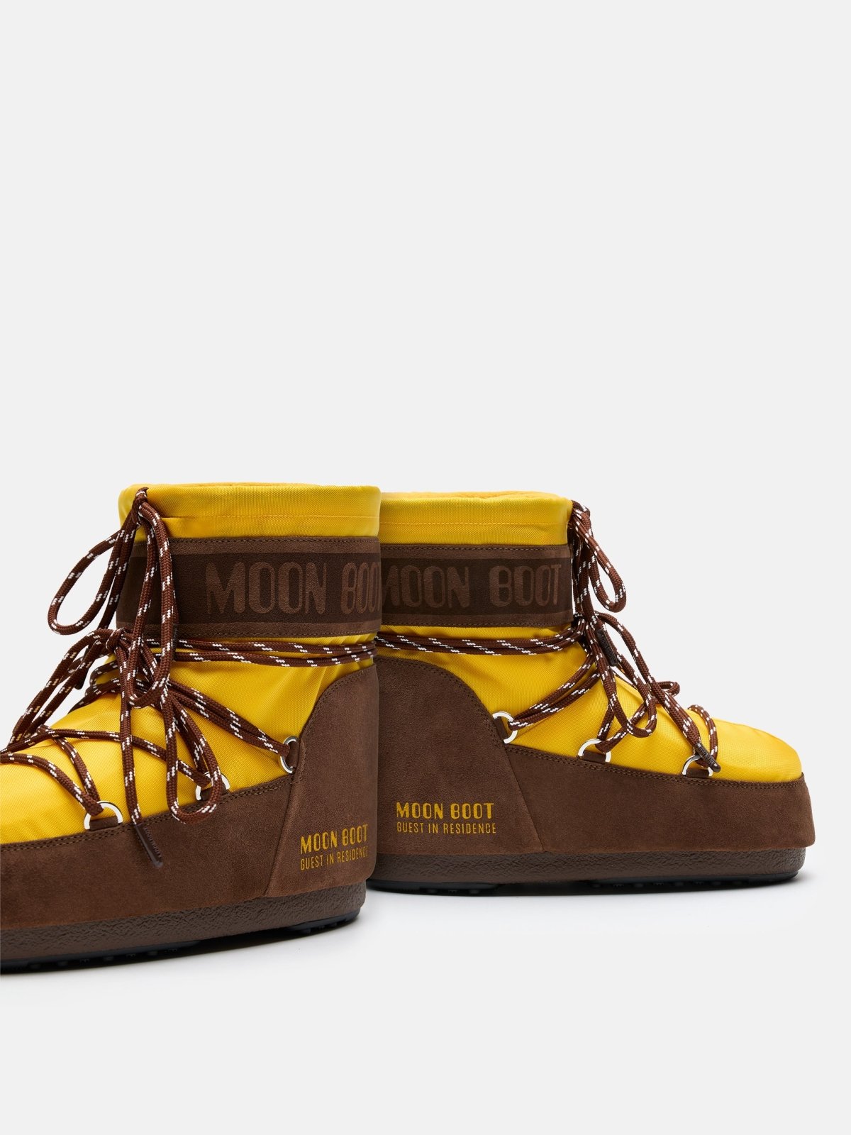 Yellow and brown MB X GIR ICON LOW NYLON boots with lace-up design and rubber soles side view on white background