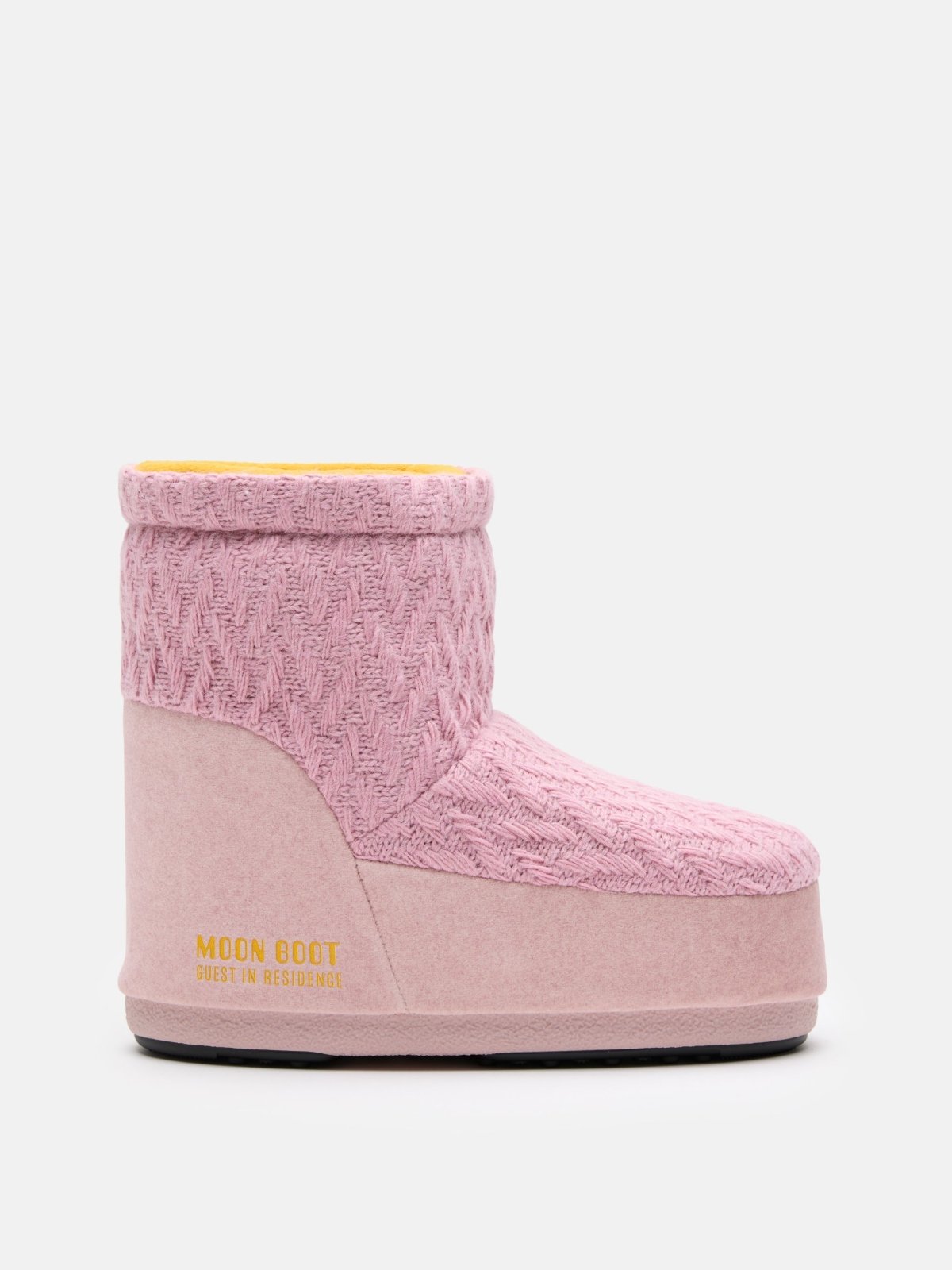 Pink MB X GIR ICON LOW NOLACE KNIT winter boot with textured knit upper and yellow interior lining on white background