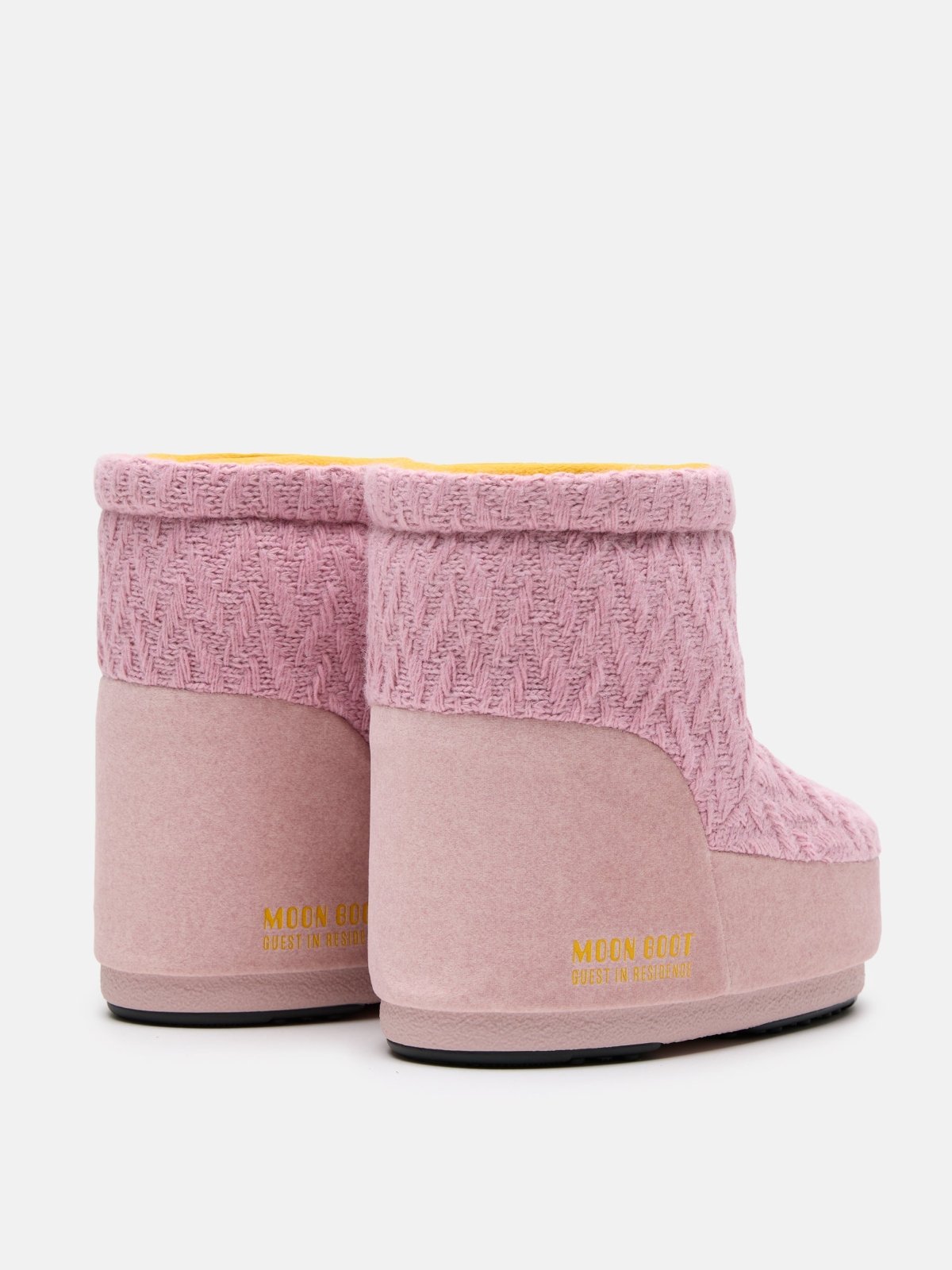 Pink knit slip-on MB X GIR ICON LOW NOLACE boots with yellow interior and textured sole detail