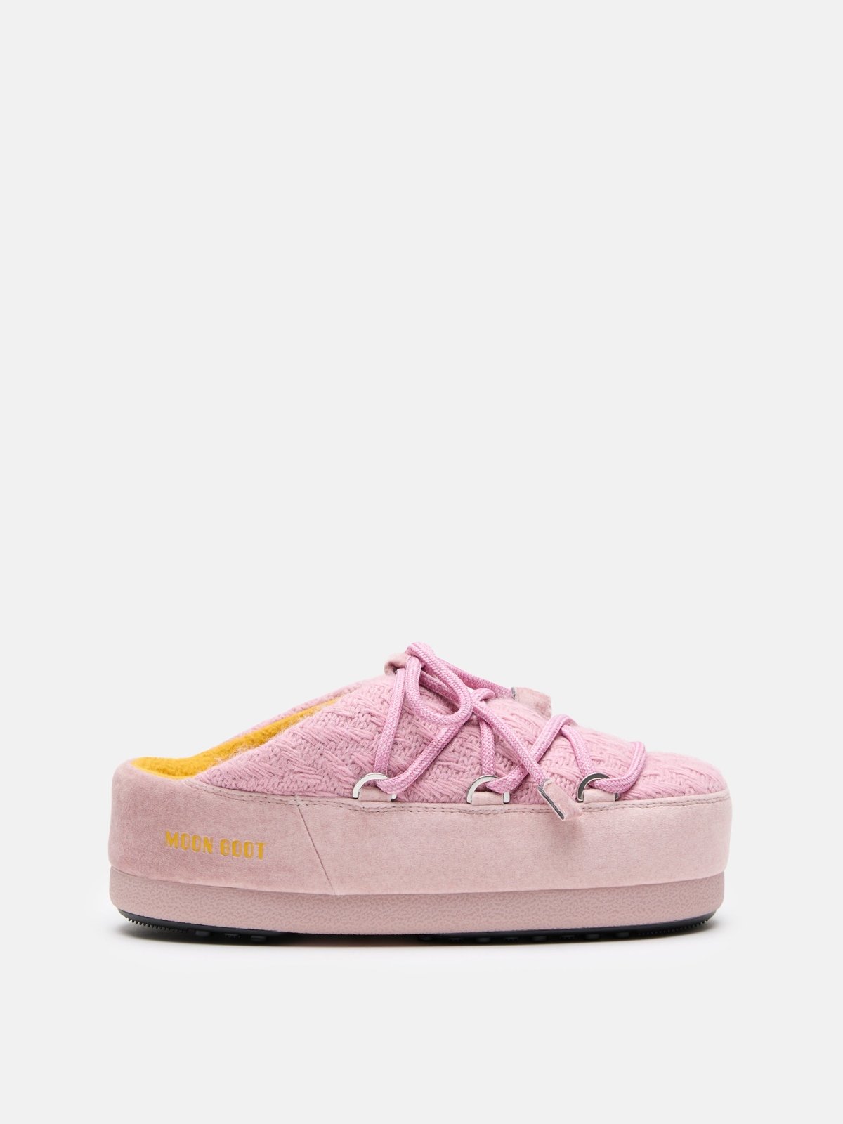 Pink MB X GIR EVX Mule Knit slip-on shoe with textured knit upper and yellow interior lining.