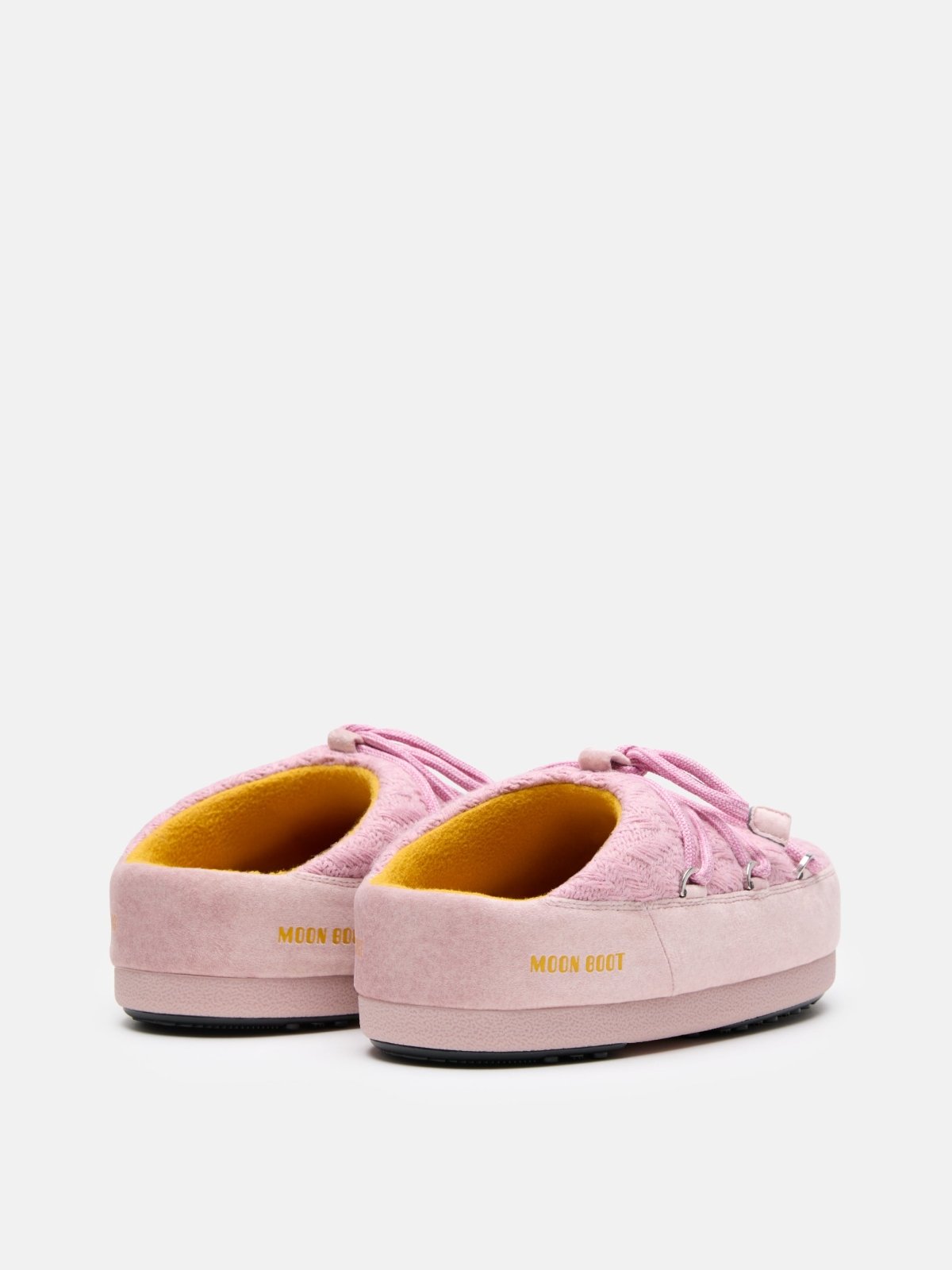 Pink MB X GIR EVX Mule Knit slip-on shoes with yellow interior and thick sole, viewed from the back angle.