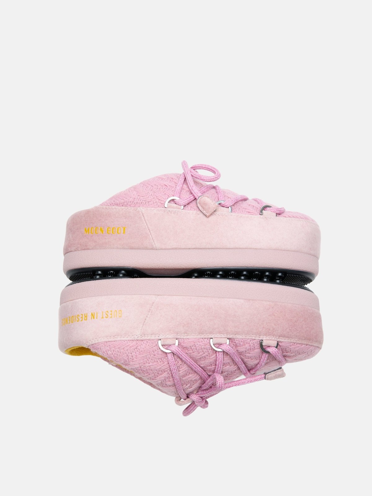 Pink MB X GIR EVX Mule Knit shoe with textured upper and thick sole, viewed from the side against a white background