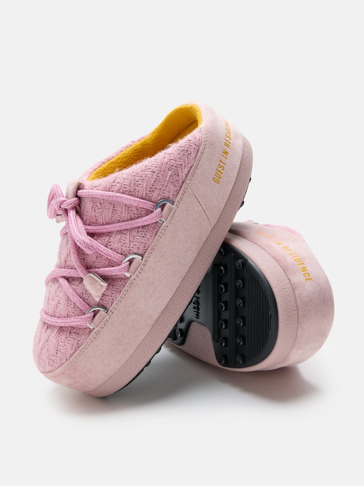 Pink MB X GIR EVX mule knit shoes with textured fabric, thick soles, and yellow interior lining, displayed on a white background
