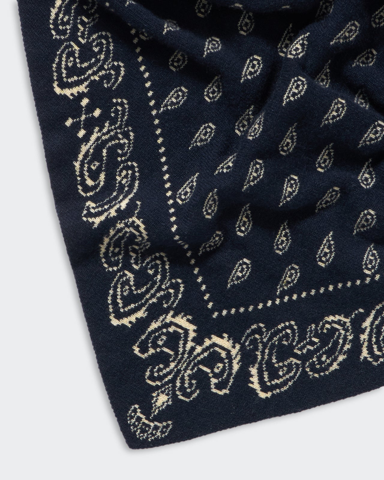 The Wild Rag - Midnight/Butter paisley bandana in mid-weight reversible jacquard knit 100% cashmere.