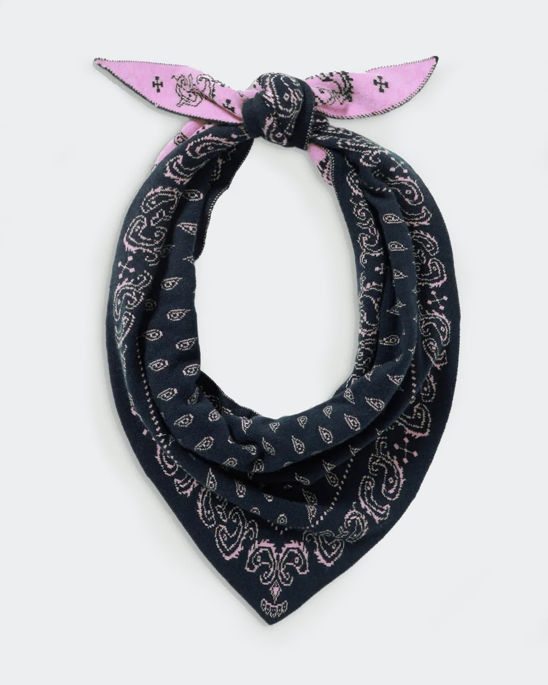 The Wild Rag - Sprinkle/Midnight pink and midnight paisley neck scarf tied at the top with a pointed draped shape and decorative print