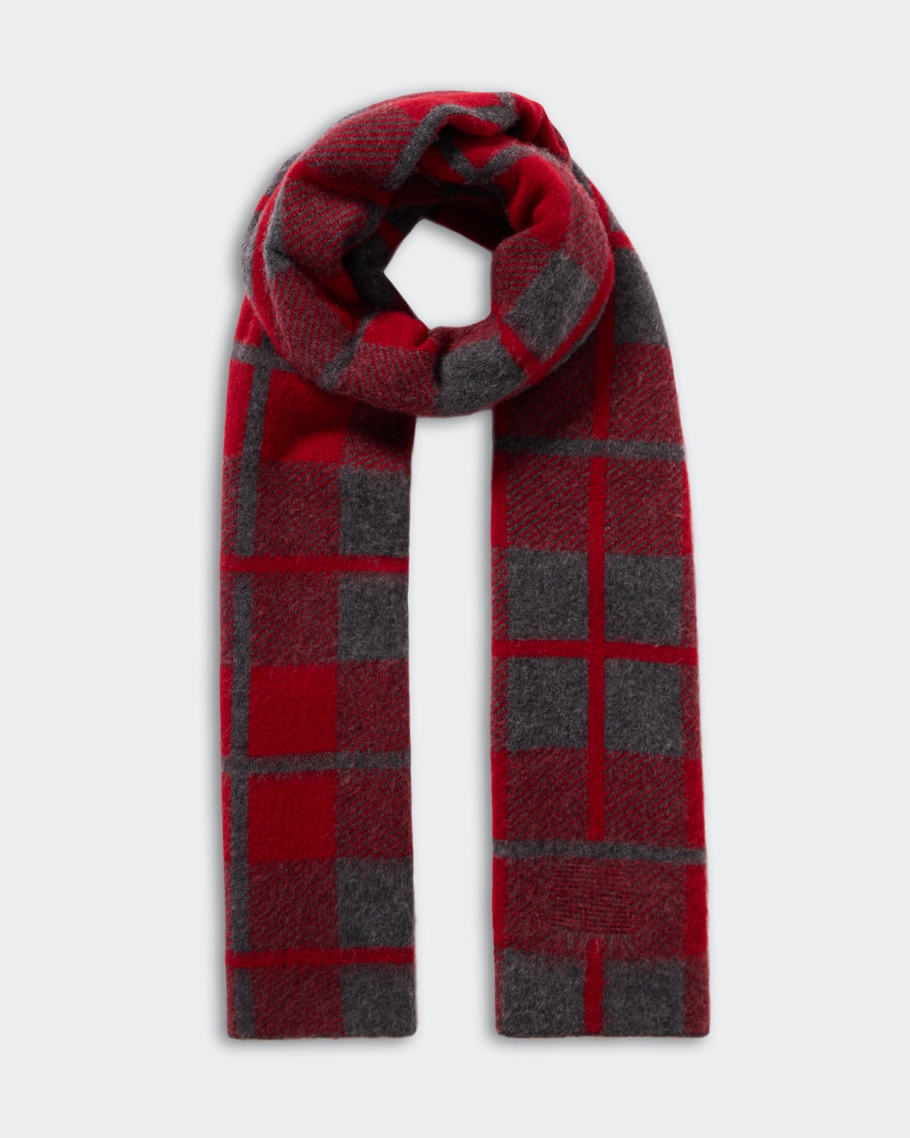The Plaid Big Scarf - Charcoal/Ruby in mid-weight brushed plaid, 70% wool 30% cashmere, double knit jacquard design.
