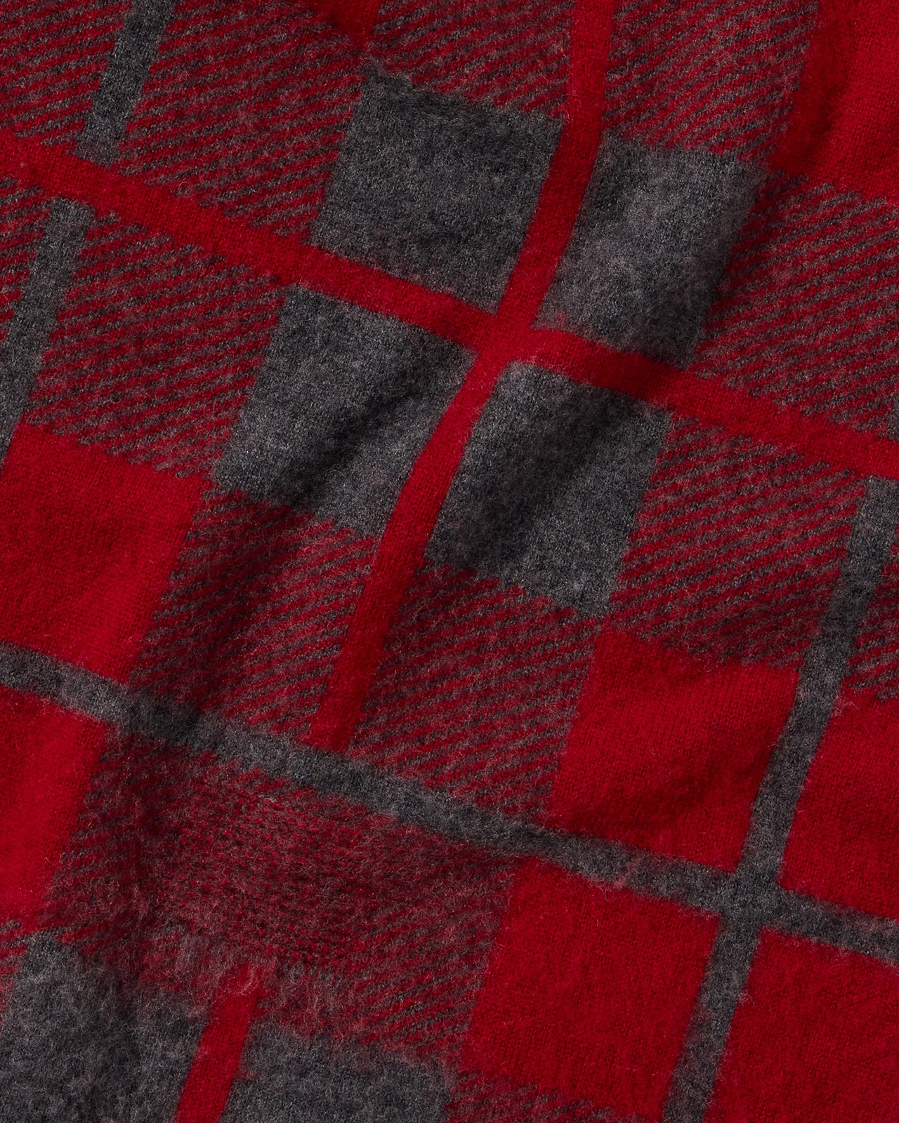 The Plaid Big Scarf - Charcoal/Ruby mid-weight brushed wool and cashmere double knit plaid fabric close-up.