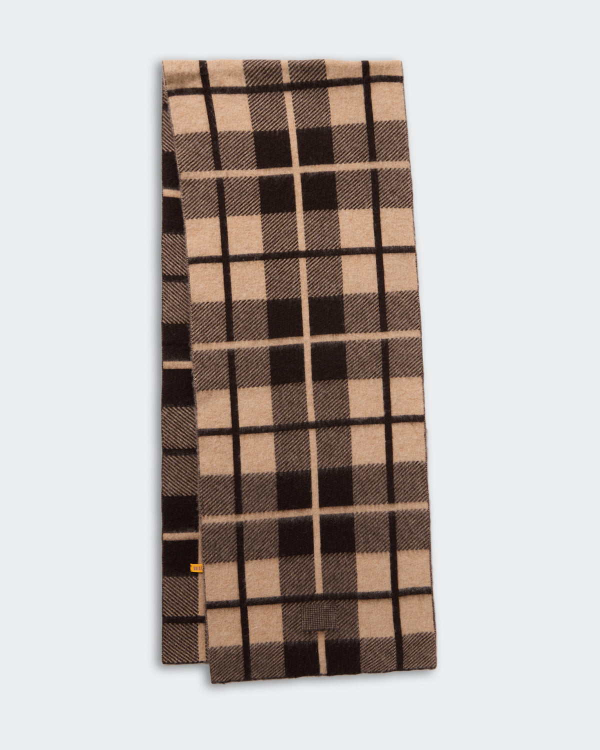 The Plaid Big Scarf Burnt Coco/Dune with mid-weight brushed plaid pattern in wool and cashmere blend.