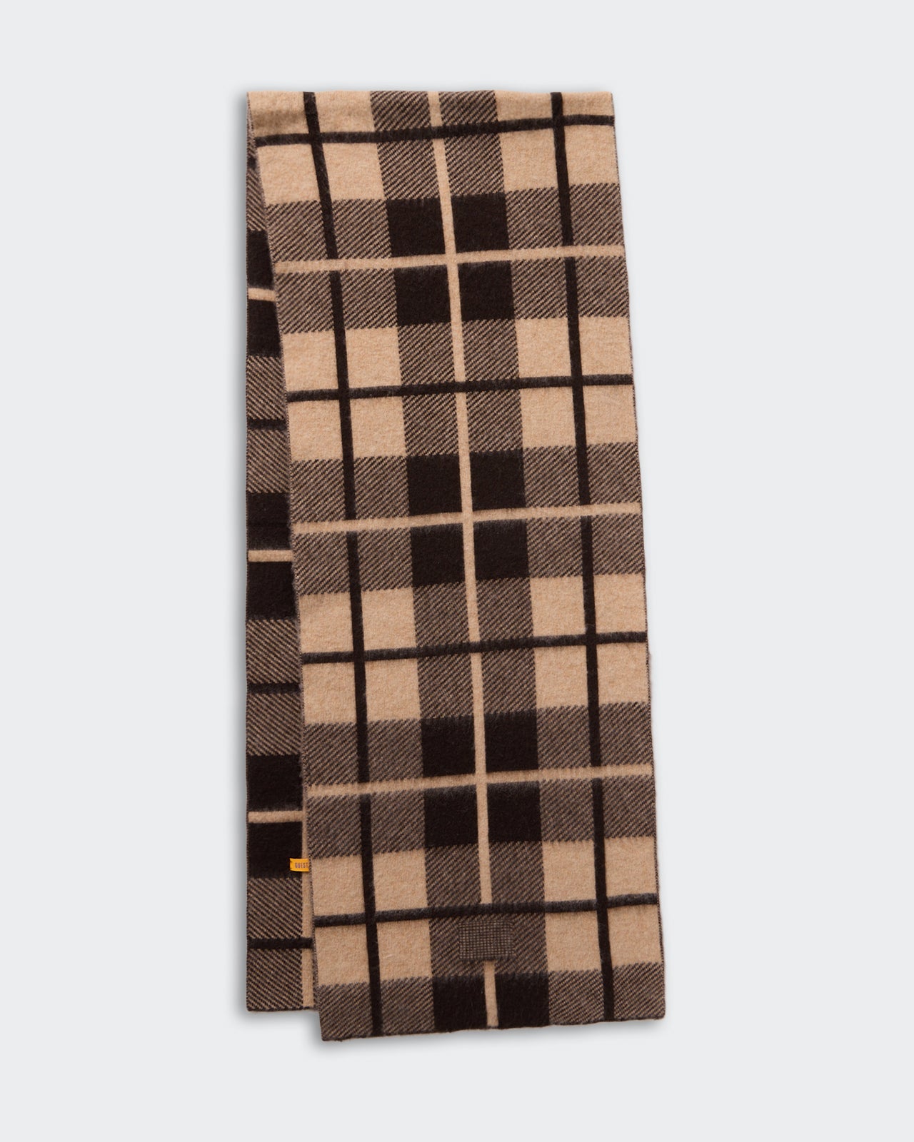 The Plaid Big Scarf Burnt Coco/Dune with mid-weight brushed plaid pattern in wool and cashmere blend.