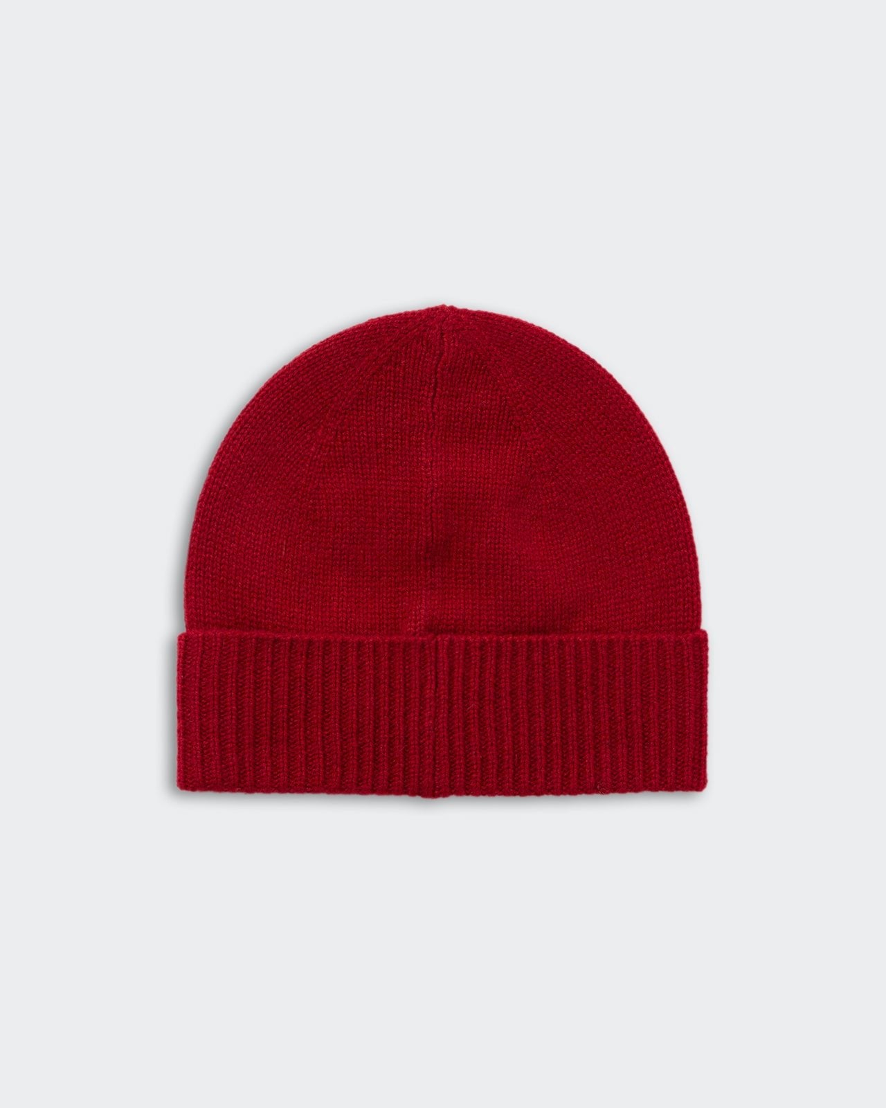 Rib Cuff Beanie - Ruby in red, unisex, one size, medium-weight 100% cashmere with ribbed cuff design.