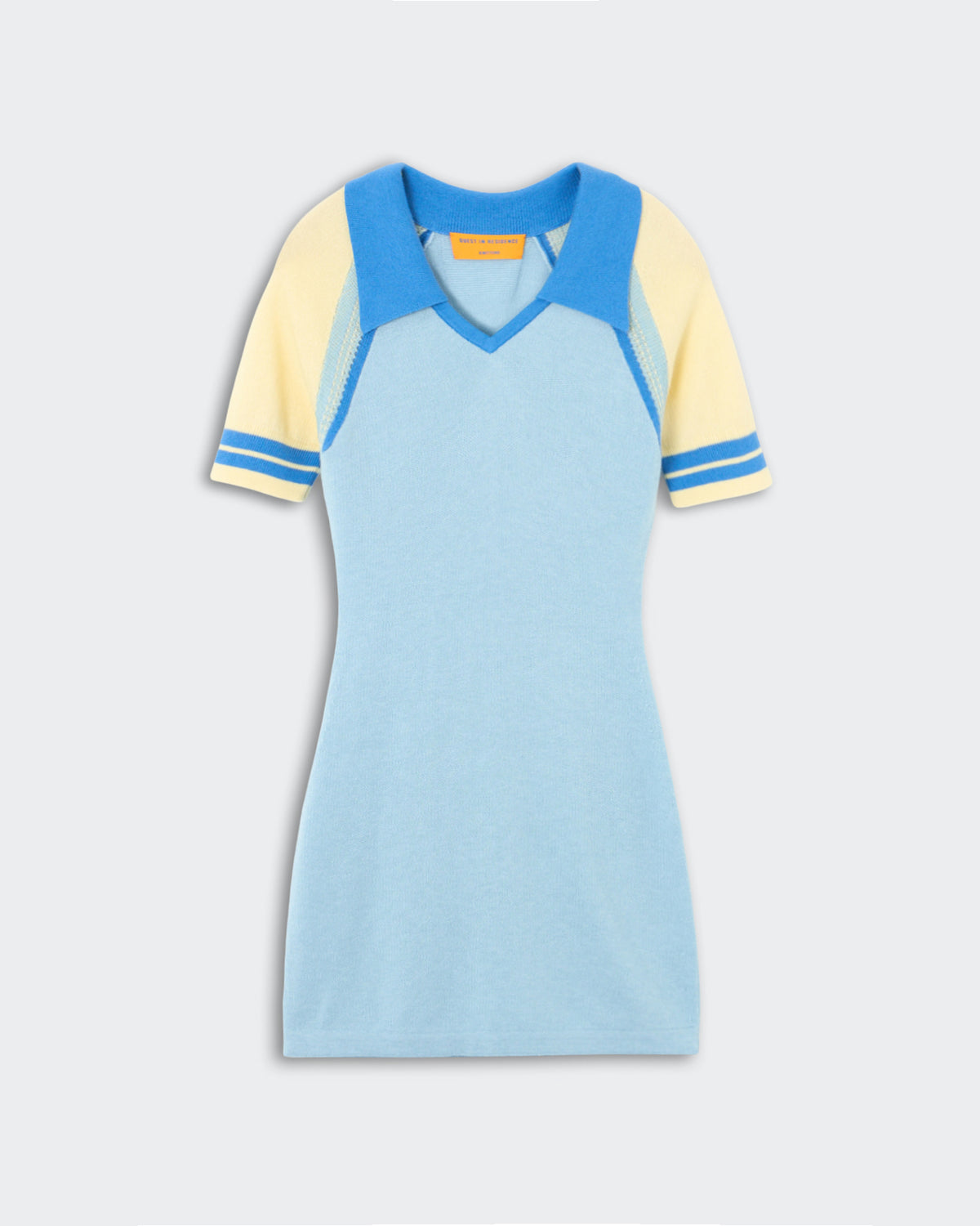 Ace Polo Dress - Clear Sky Combo, a fitted light blue knit dress featuring a deeper blue collar and V-neck, contrasting pale yellow short sleeves with blue double stripes near the cuffs, and subtle textured details along the underarm seams.