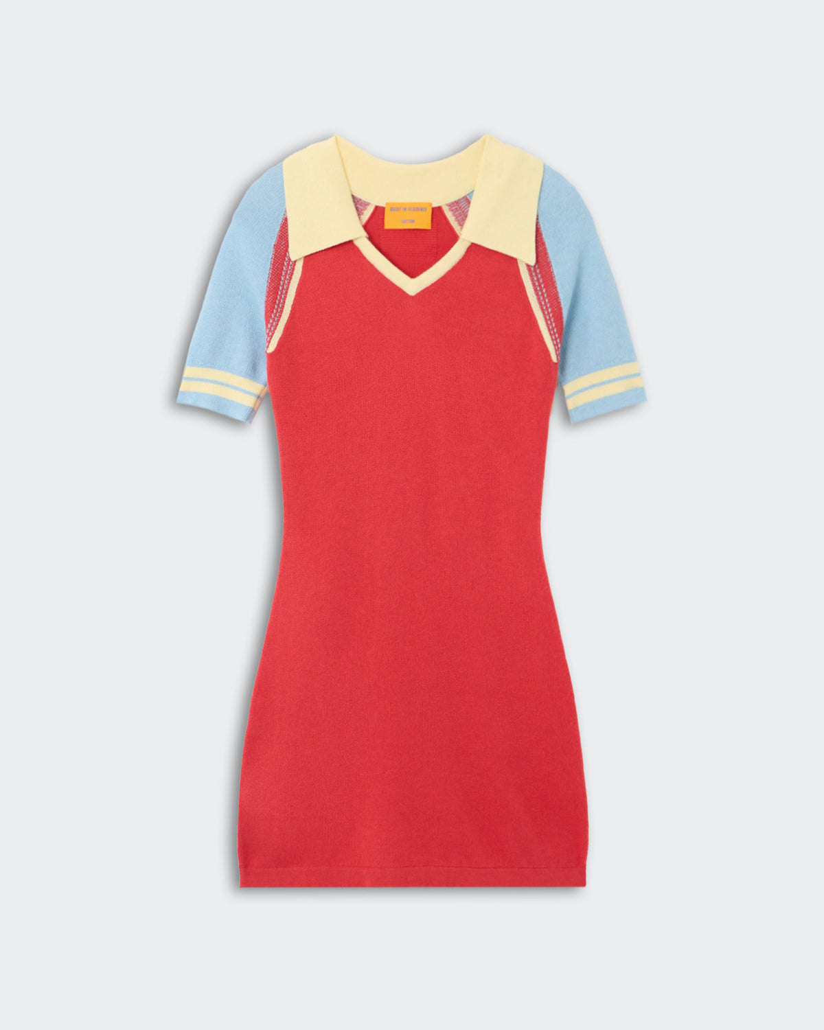 Ace Polo Dress - Scarlet Combo, a fitted scarlet dress with a yellow pointed collar and light blue short sleeves featuring yellow stripes near the cuffs and contrasting knit details along the shoulder seams.