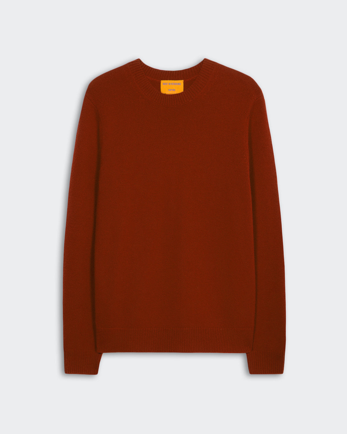 Men's Allday Crew neck sweater in cinnamon color, medium-weight 100% cashmere with ribbed cuffs and hem