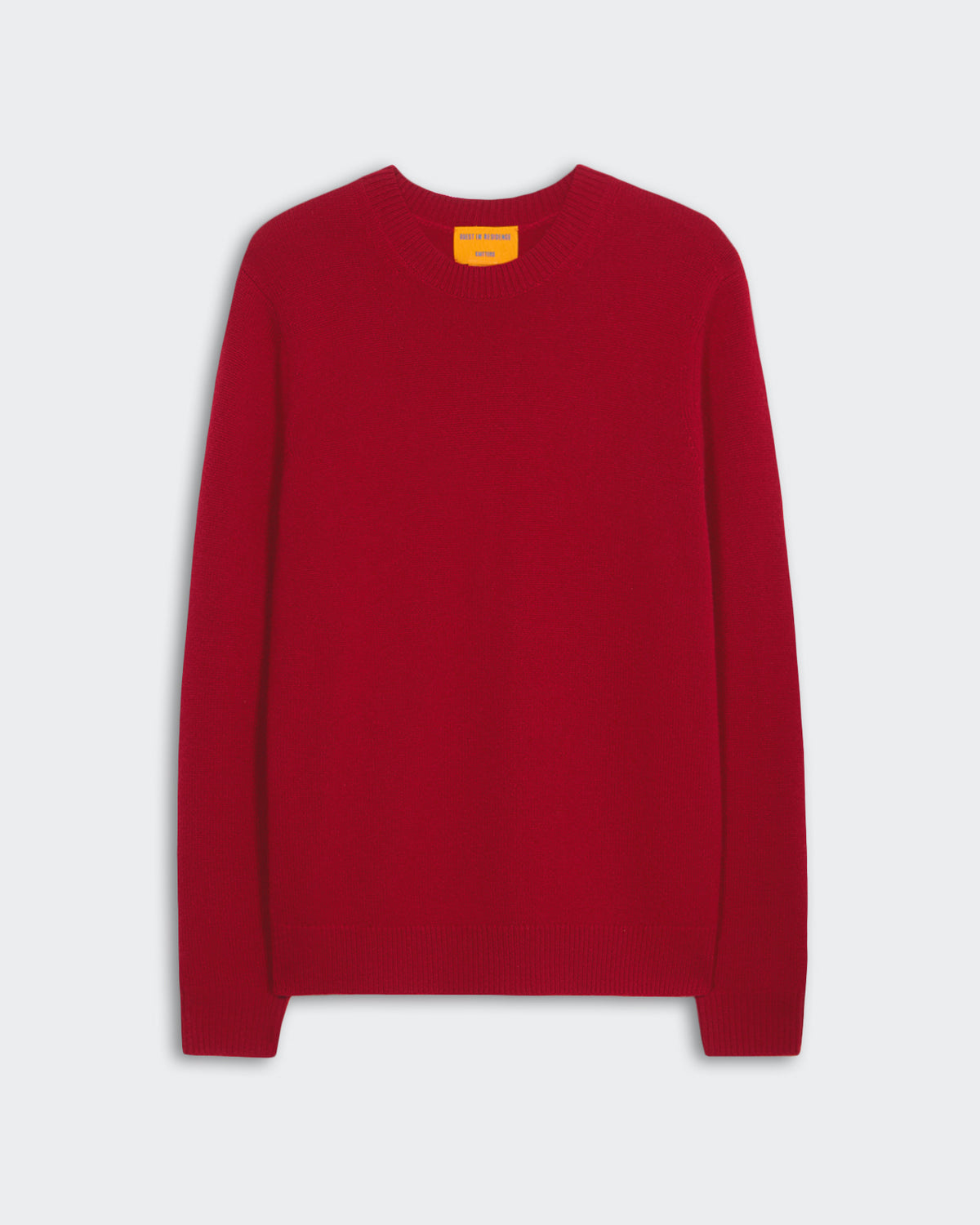 Allday Crew - Ruby men's medium-weight red cashmere crew neck sweater with signature GIR branding.