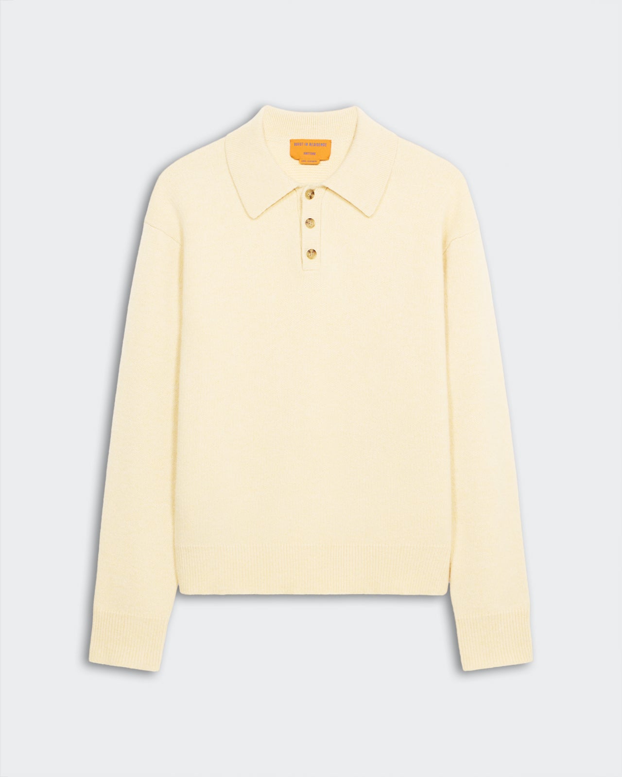 Allday Polo - Butter men’s ribbed collar and cuff cashmere polo with three-button placket in cream color.